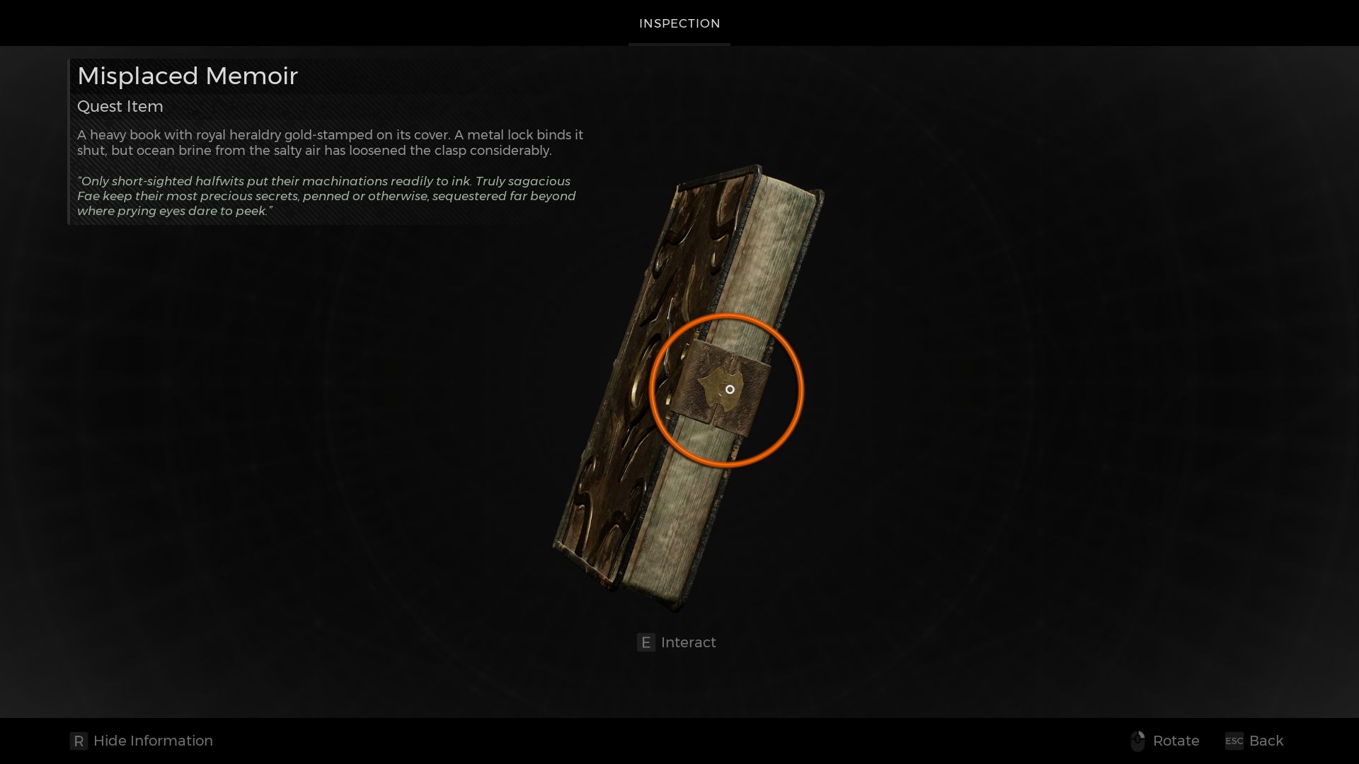 A circle showing the lock in the book that the player can interact with to get the Bookbound Medallion Remnant 2 The Awakened King