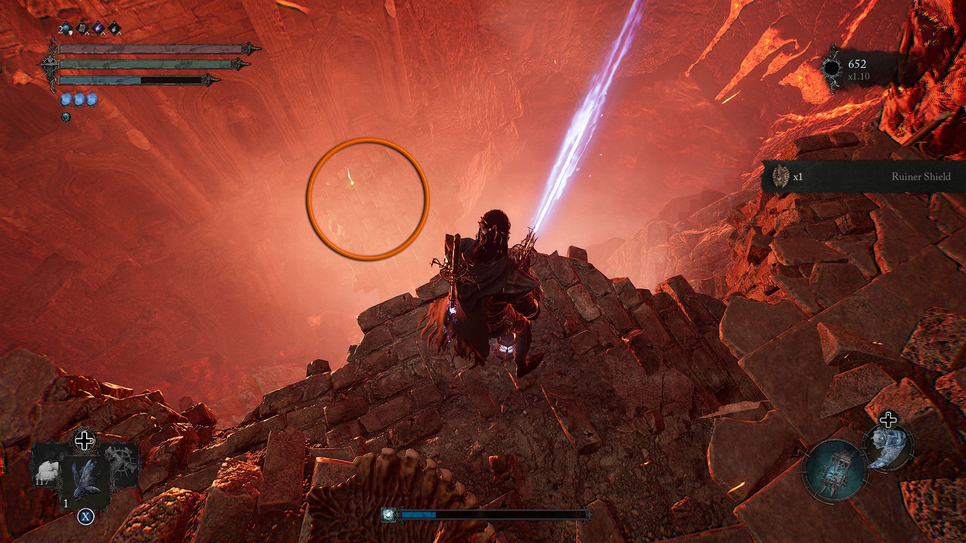 A circle showing the platform with a loot that contains Deralium Chunk Lords of the Fallen