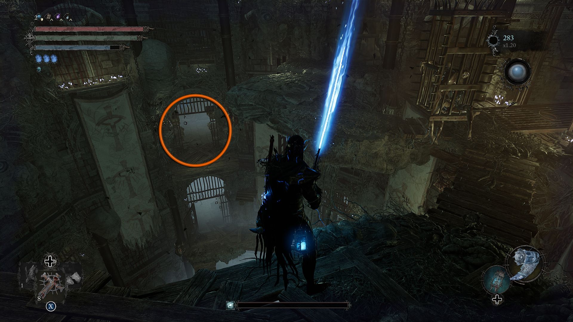 A circle showing the room that has the chest that contain Deralium Chunk Lords of the Fallen
