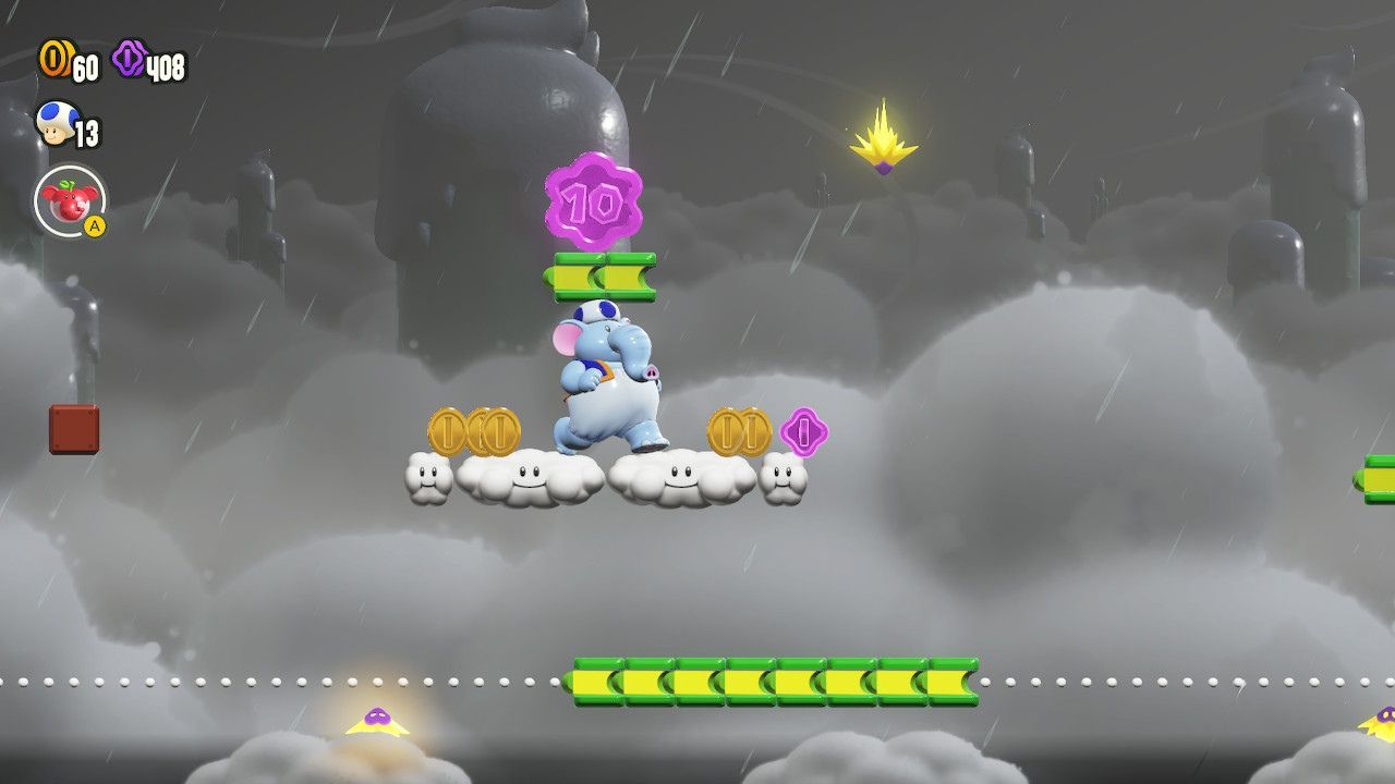 A Flower Coin on top of two linked lift pieces above a cloud platform.