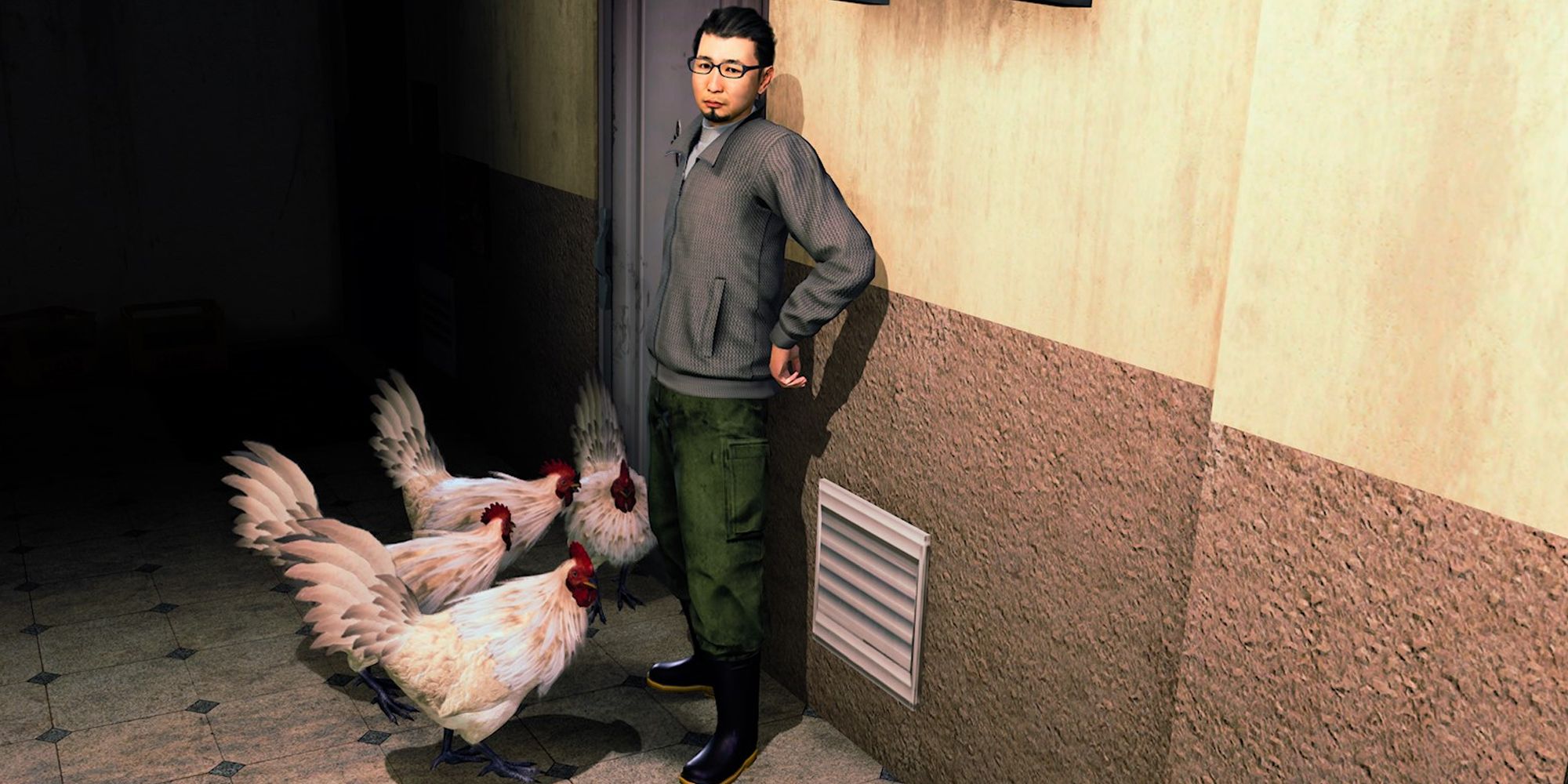 A man with four chickens in Like a Dragon Gaiden.