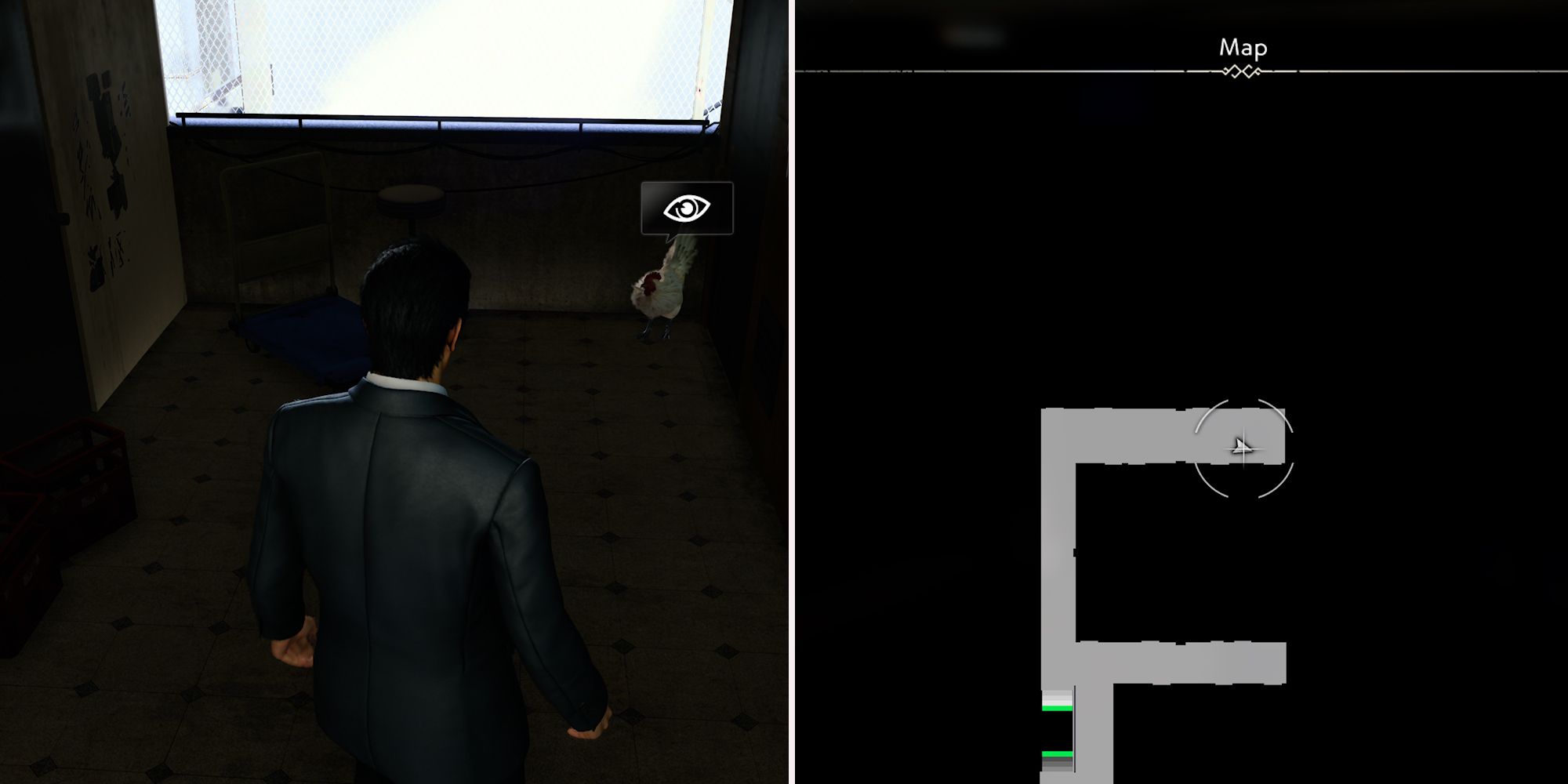 A split image of Kiryu with a chicken and the map showing where they are in Like a Dragon Gaiden.-1