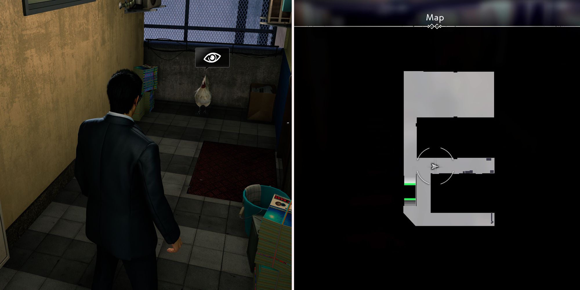 A split image of Kiryu with a chicken and the map showing where they are in Like a Dragon Gaiden.-4