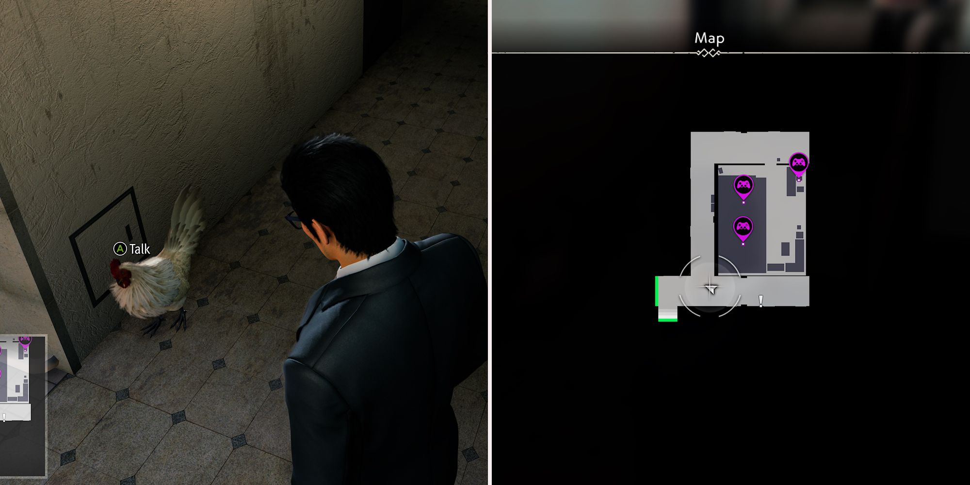 A split image of Kiryu with a chicken and the map showing where they are in Like a Dragon Gaiden.