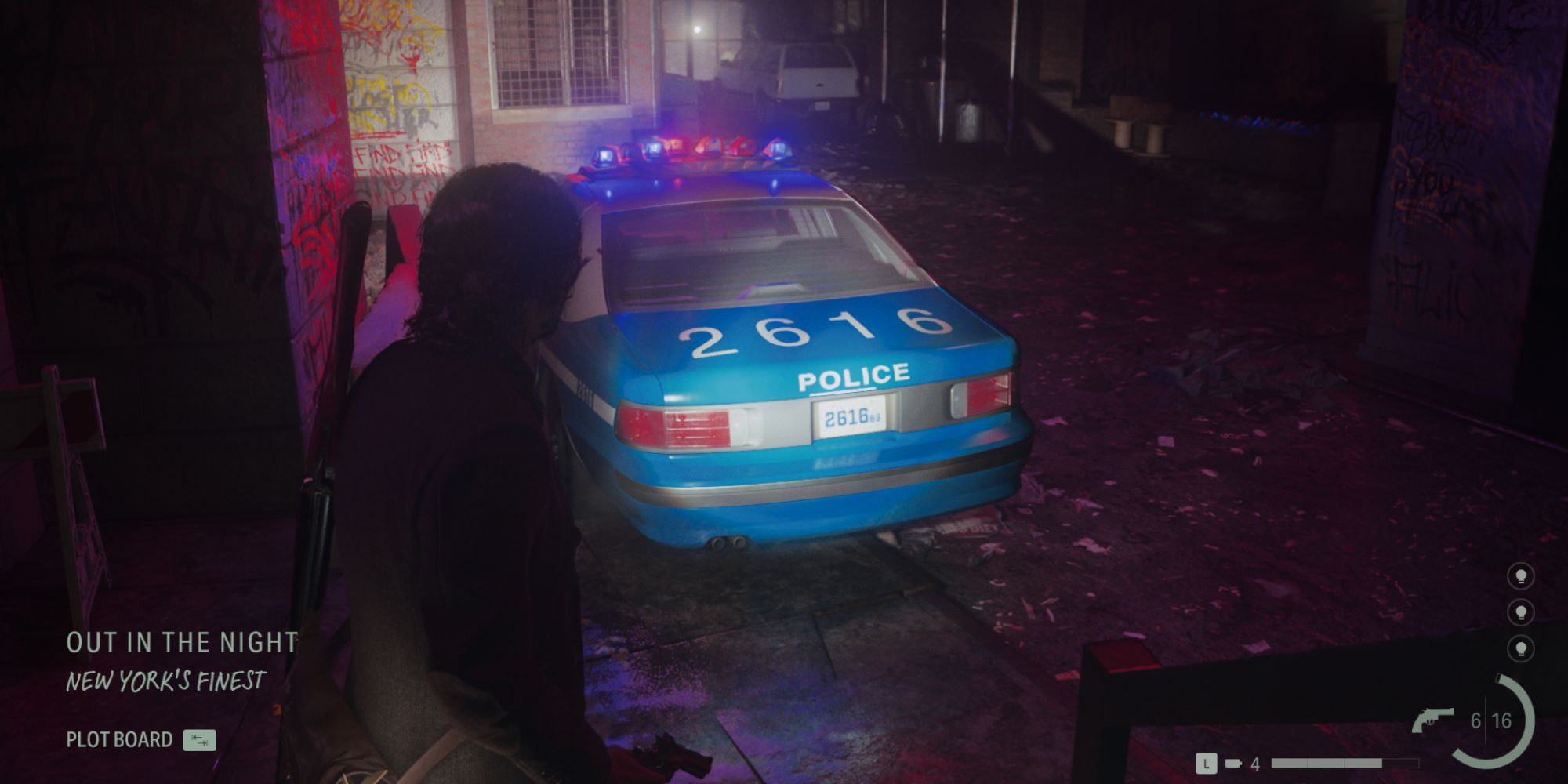 Alan approaches NYPD cruiser 2616 in the alley behind the Poet's Theatre in Alan Wake 2