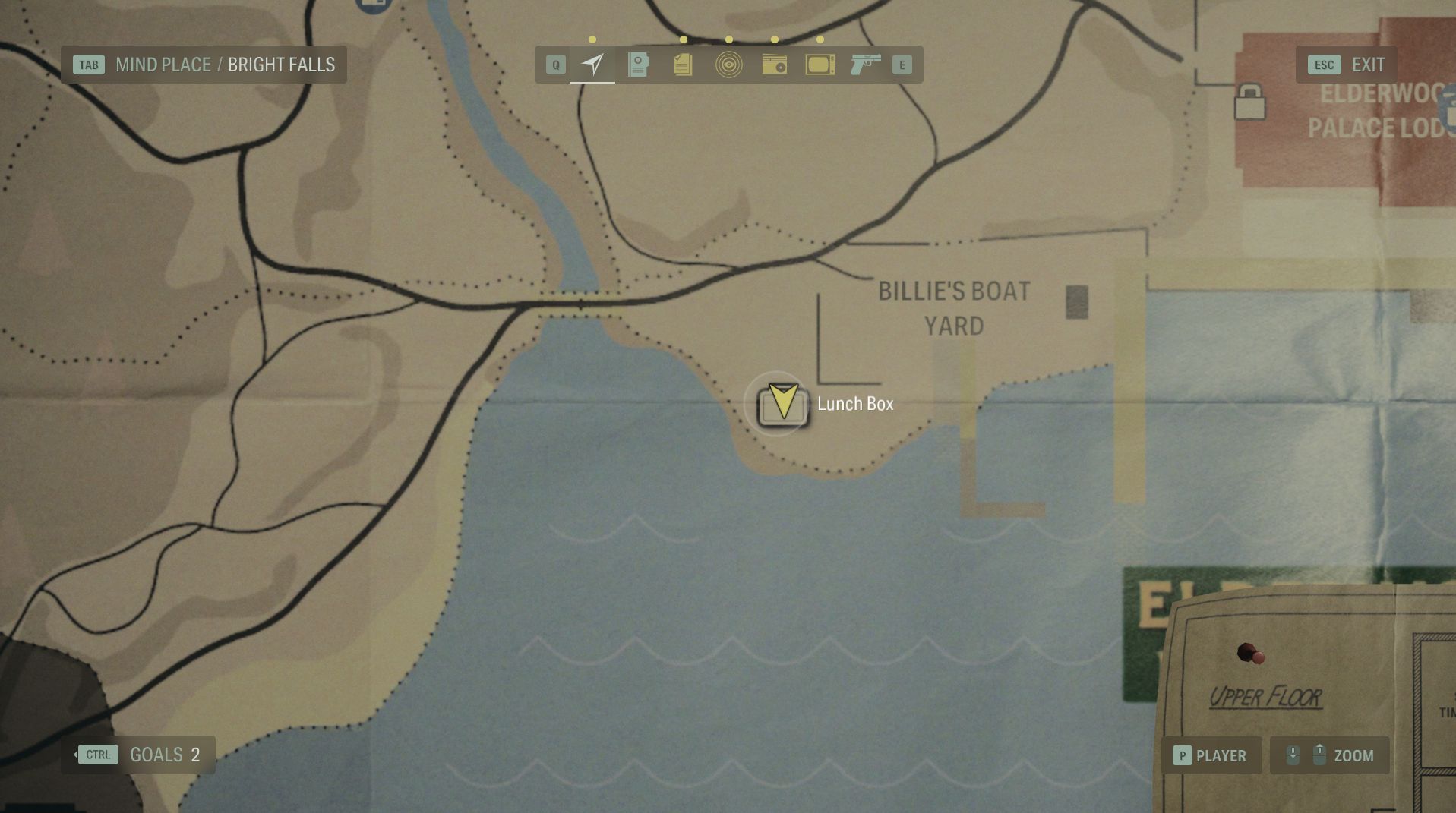the map of bright falls in alan wake 2, centered on the lunch box at billie's boat yard