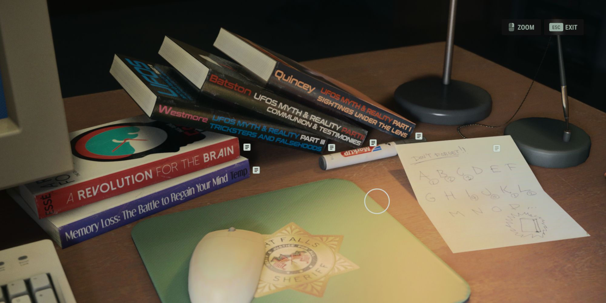 Sheriff Breaker's desk, with several books about UFOs, in Alan Wake 2