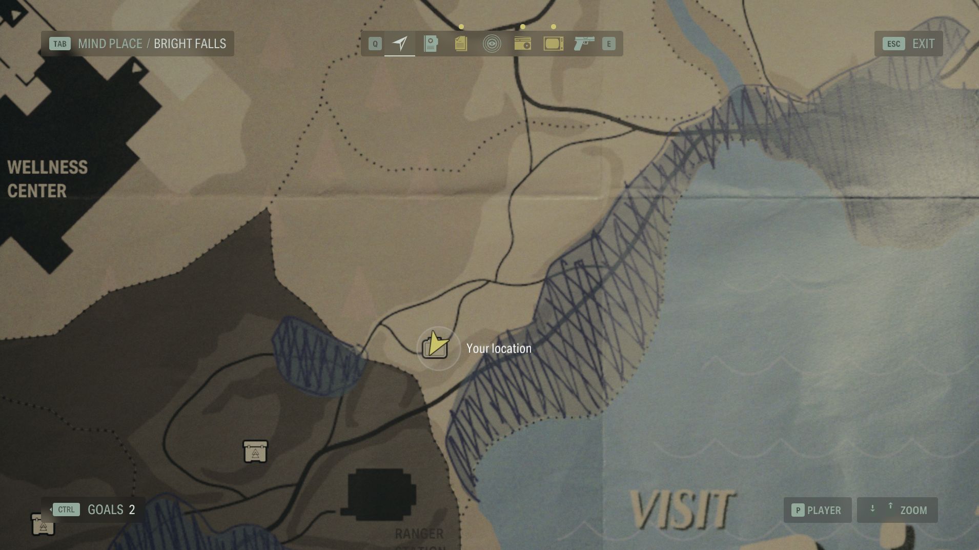 the map of bunker woods in alan wake 2, centered on a lunch box southeast of the wellness center