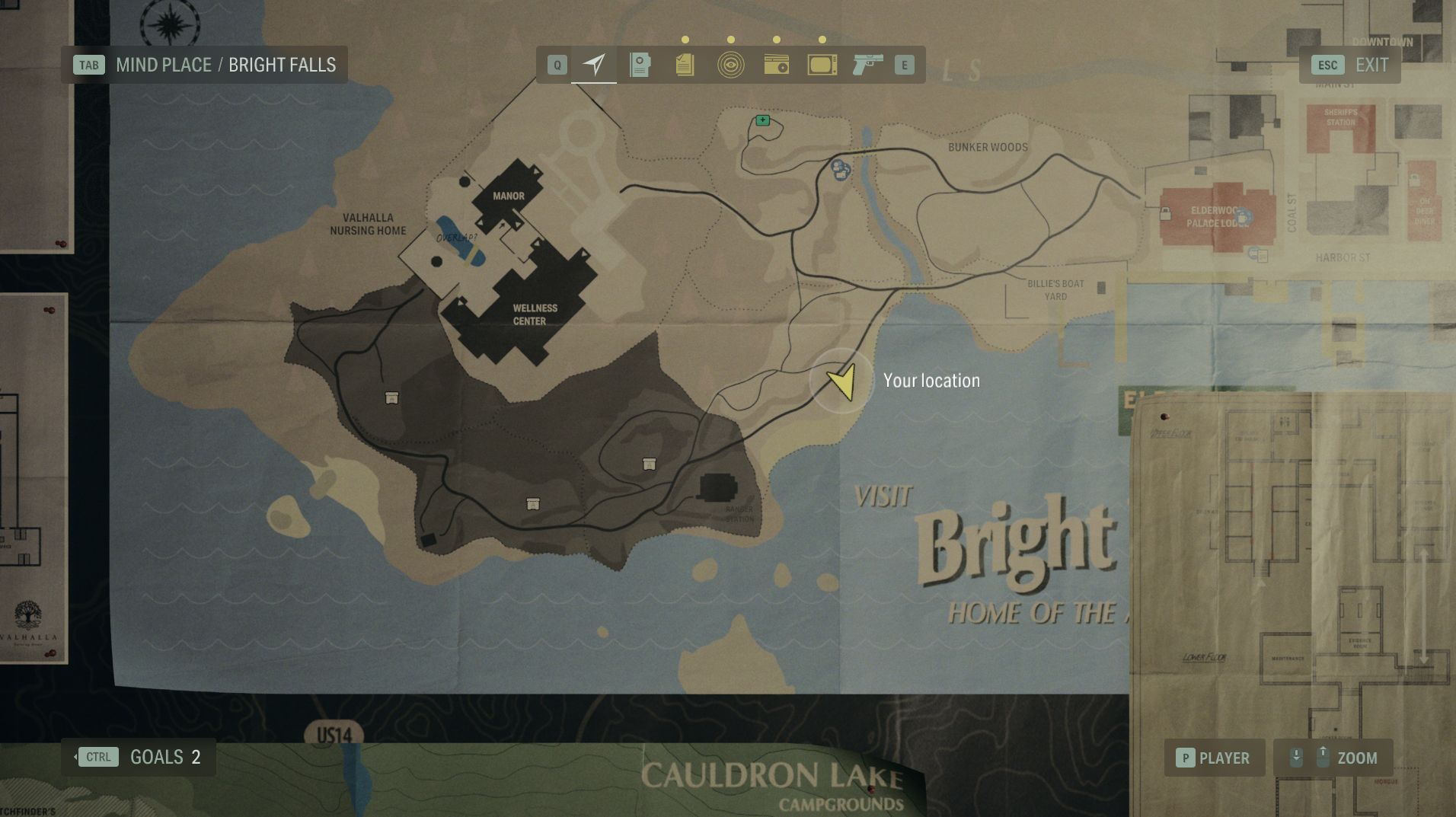 the map of bunker woods in alan wake 2, centered on the lunch box along the lakeshore