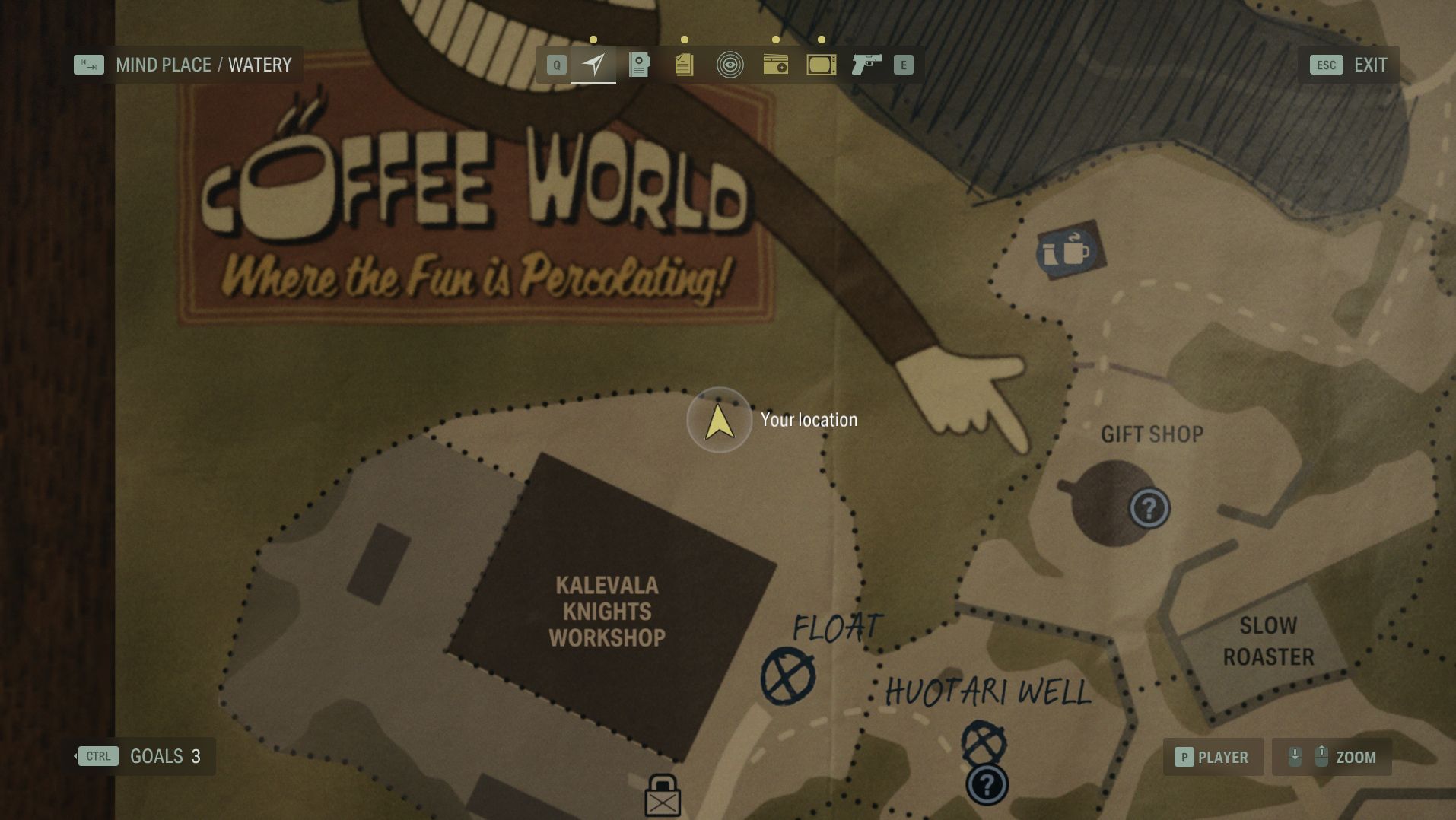 the map of watery in alan wake 2, with the player positioned near the lunch box hidden at the rear of the kalevala knights motorcycle club