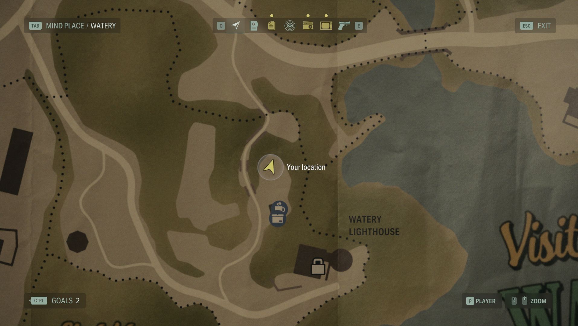 the map of watery in alan wake 2, with the player positioned near the lunch box on the lighthouse trail