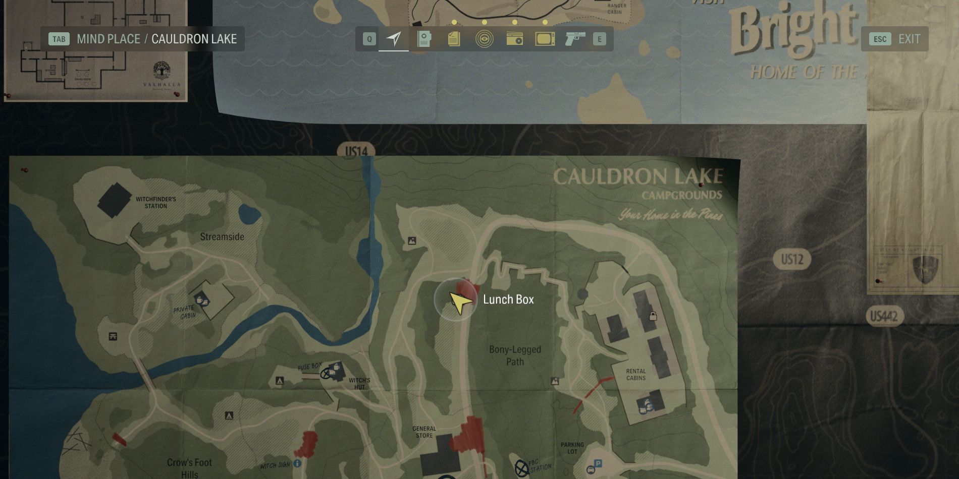 the map of cauldron lake in alan wake 2, centered on the lunch box near the flooded-out road
