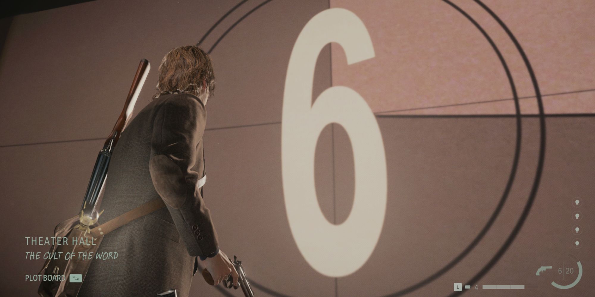 Alan in front of the cinema screen at Poet's Theatre, displaying a countdown currently on 6, in Alan Wake 2