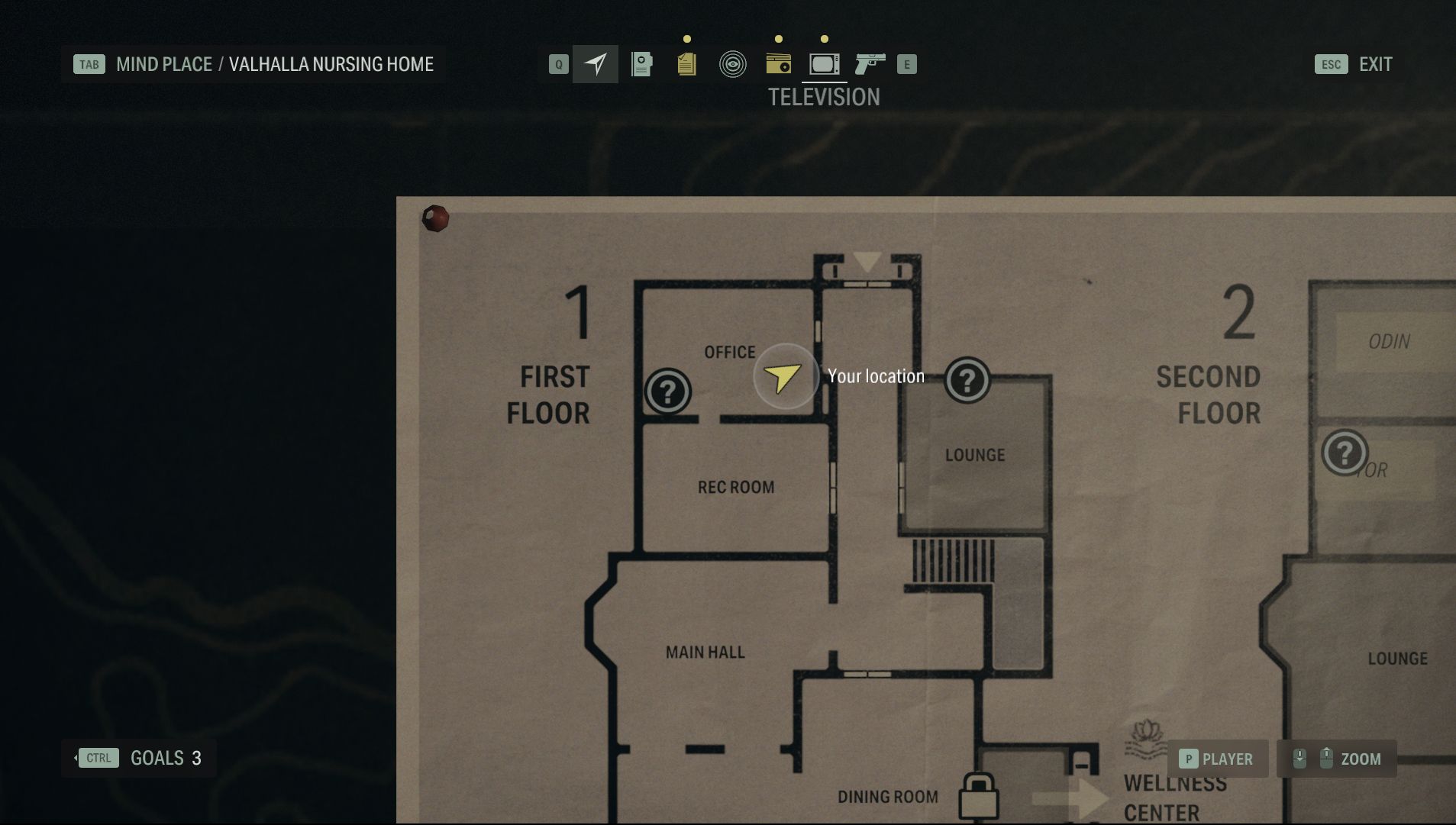 the map of valhalla nursing home in alan wake 2, centered on the office of the nursing home where a lunch box is hidden