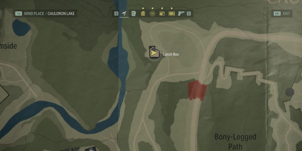 the map of cauldron lake in alan wake 2, centered on the lunch box hidden at the northern photo spot