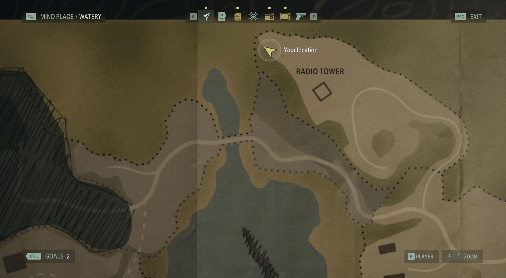 the map of Watery in Alan Wake 2, with the player positioned near the lunch box north of the radio tower