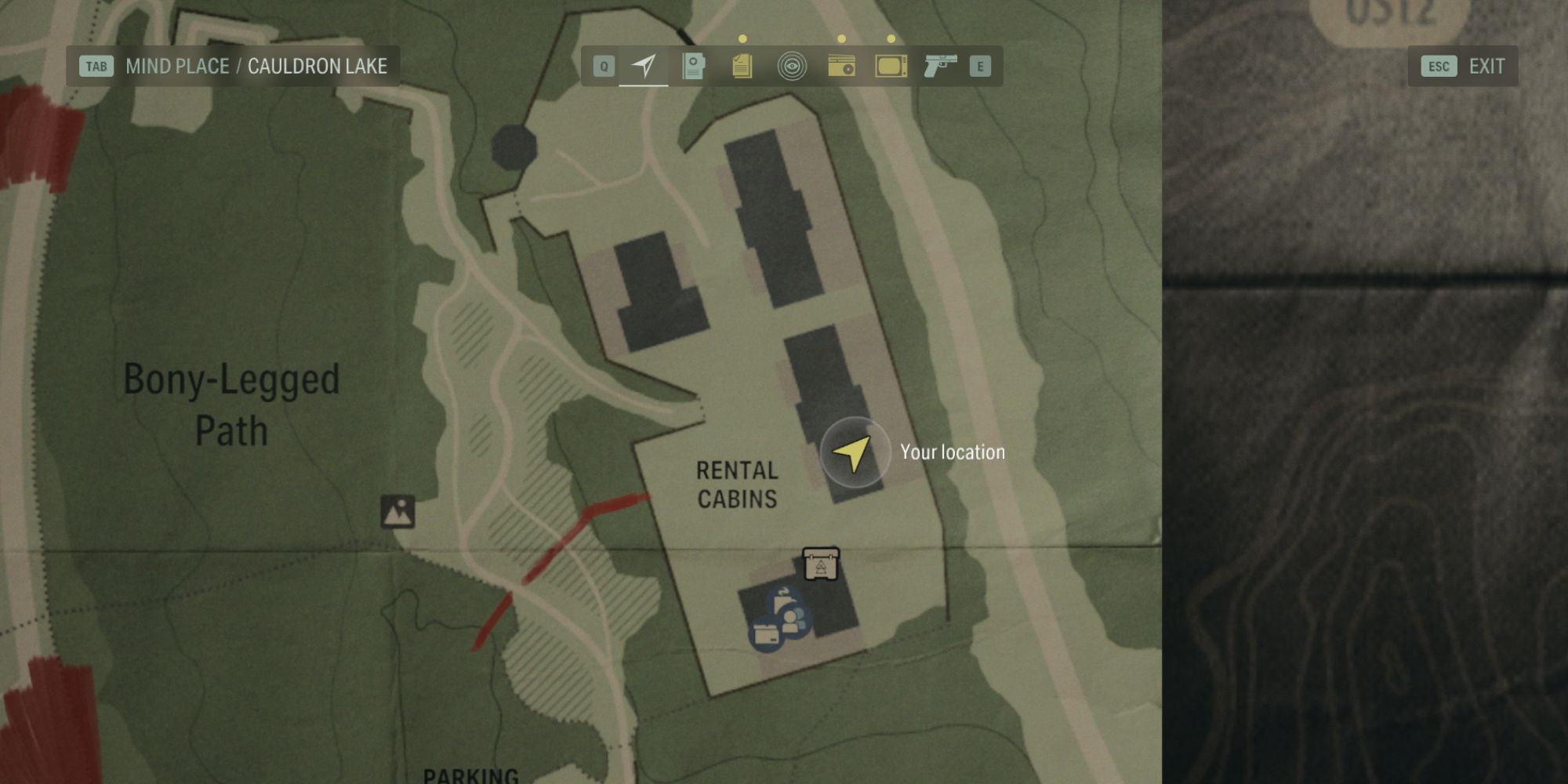 the map of cauldron lake in alan wake 2, centered on the rental cabins