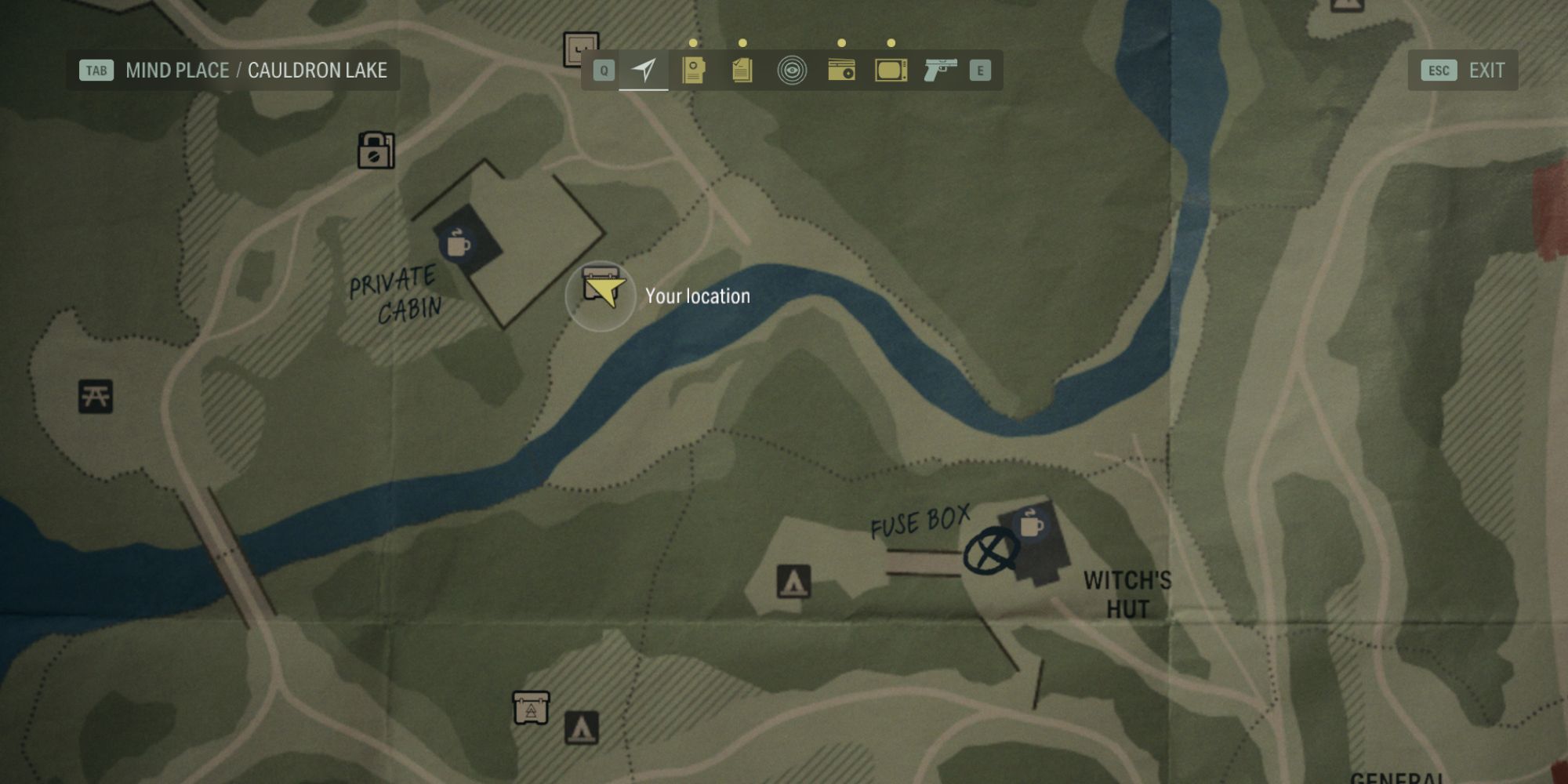 the map of cauldron lake in alan wake 2, with the player located at the rock rock tree cult stash near the private cabin