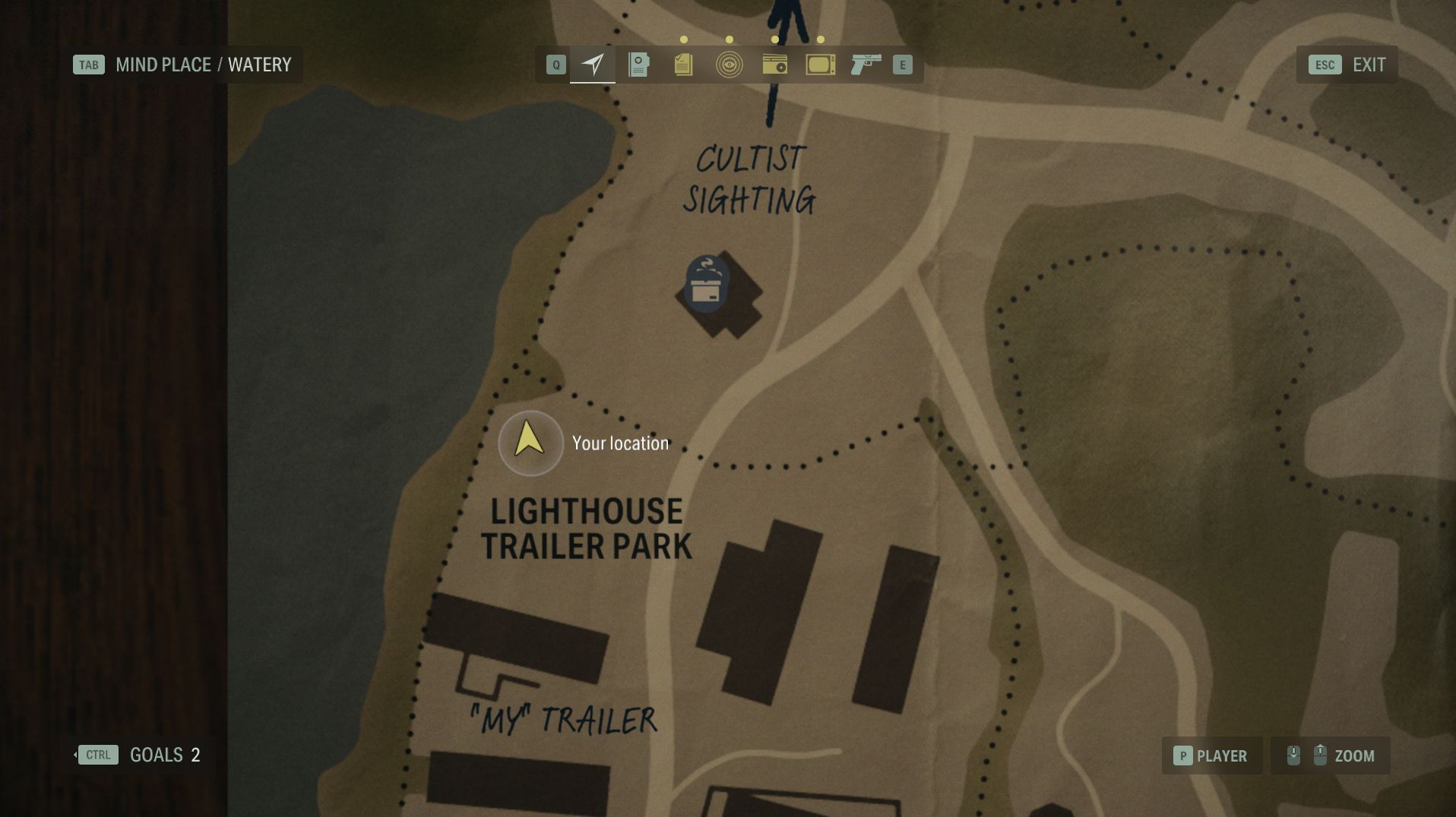 the map of watery in alan wake 2, with the player positioned at the lunch box in the trailer park