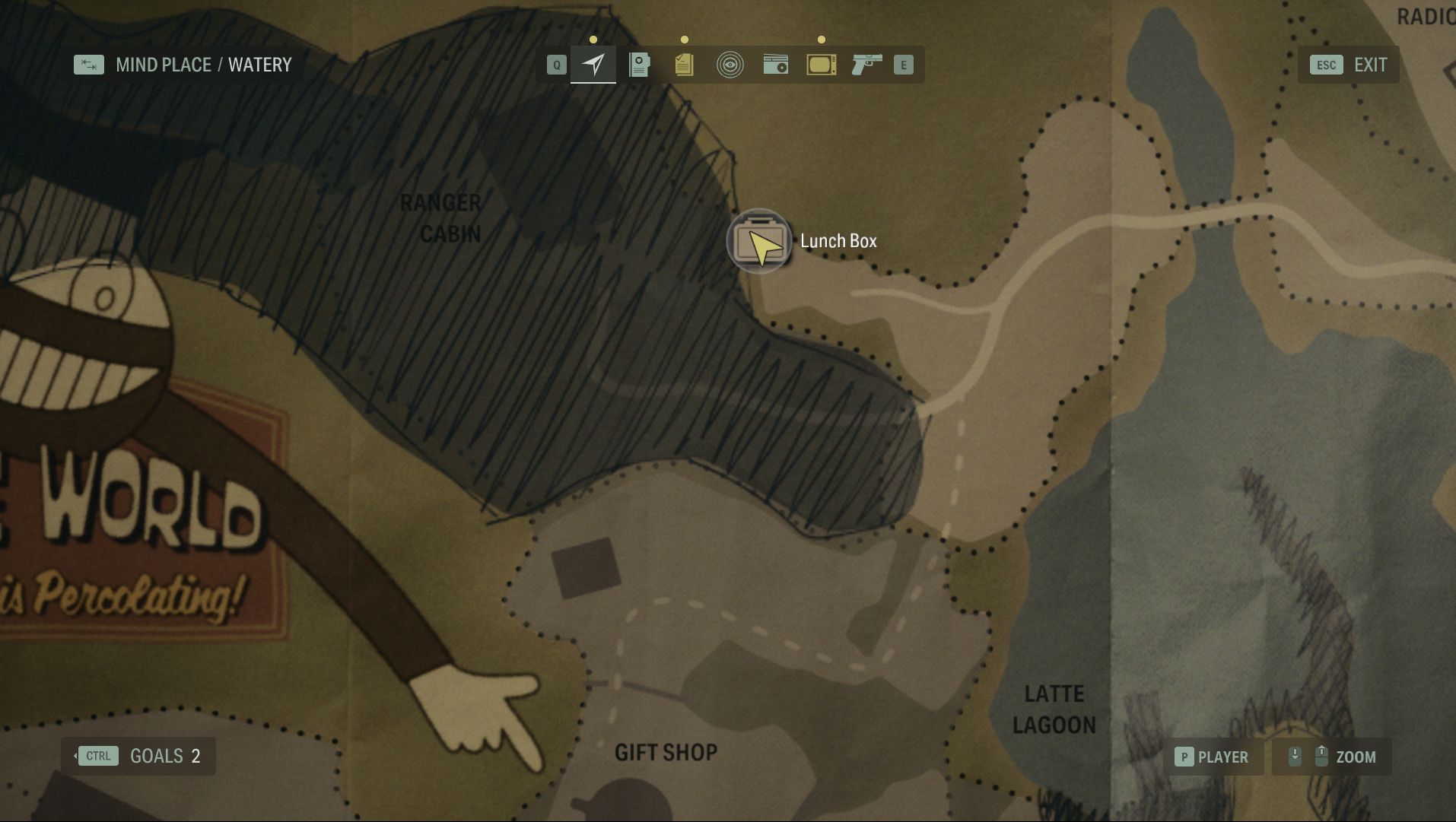 the map of watery in alan wake 2, with the player positioned near the lunch box in the hidden forest campsite north of coffee world
