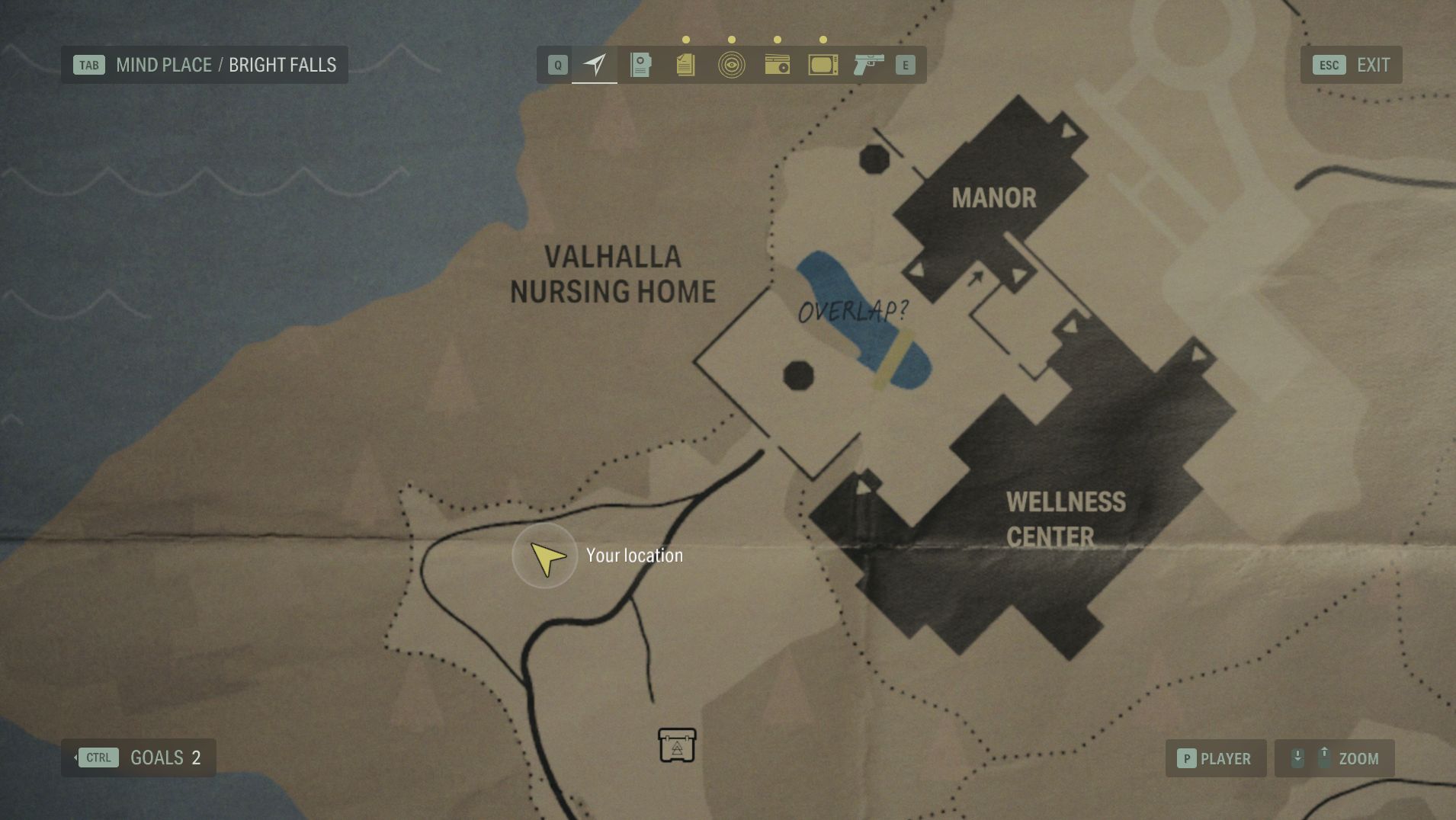 the map of bunker woods in alan wake 2, centered on the lunch box just outside the nursing home