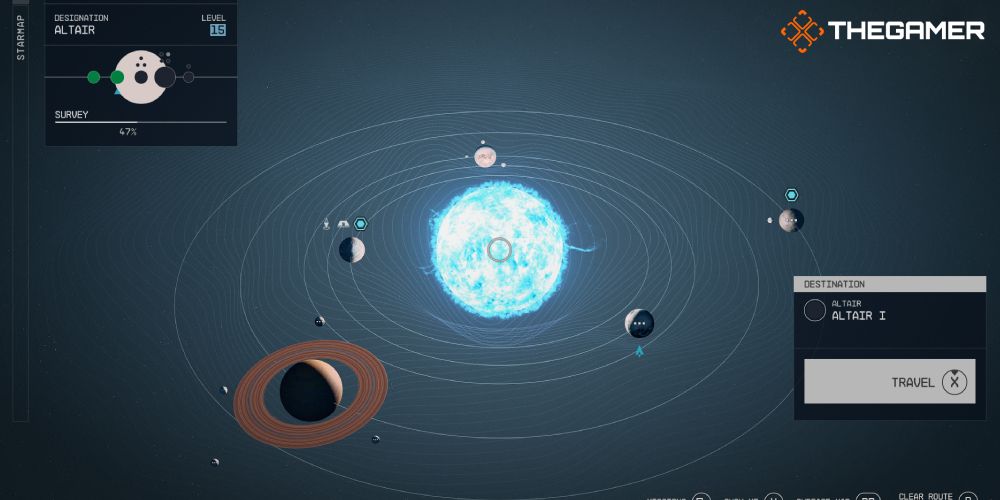 Starfield: Altair System map showing quest markers on two planets, Altair I and V.