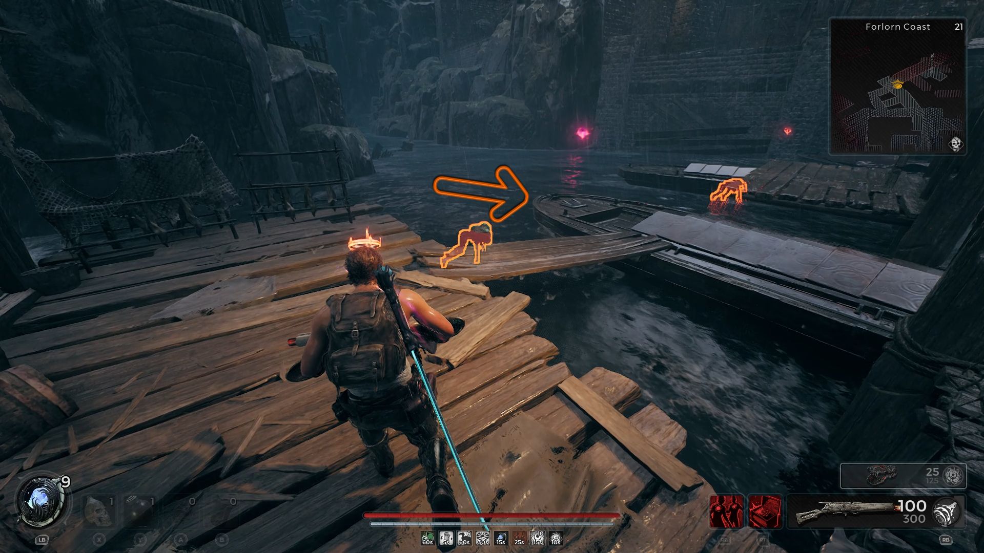 An arrow pointing the road leading to a boat Remnant 2 The Awakened King