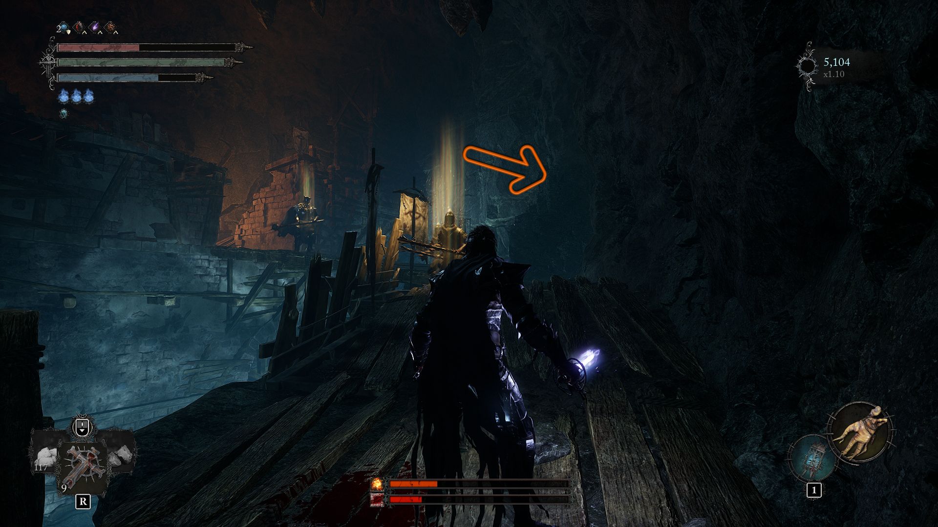 An arrow showing the path that leads to the Deralium Chunk Lords of the Fallen