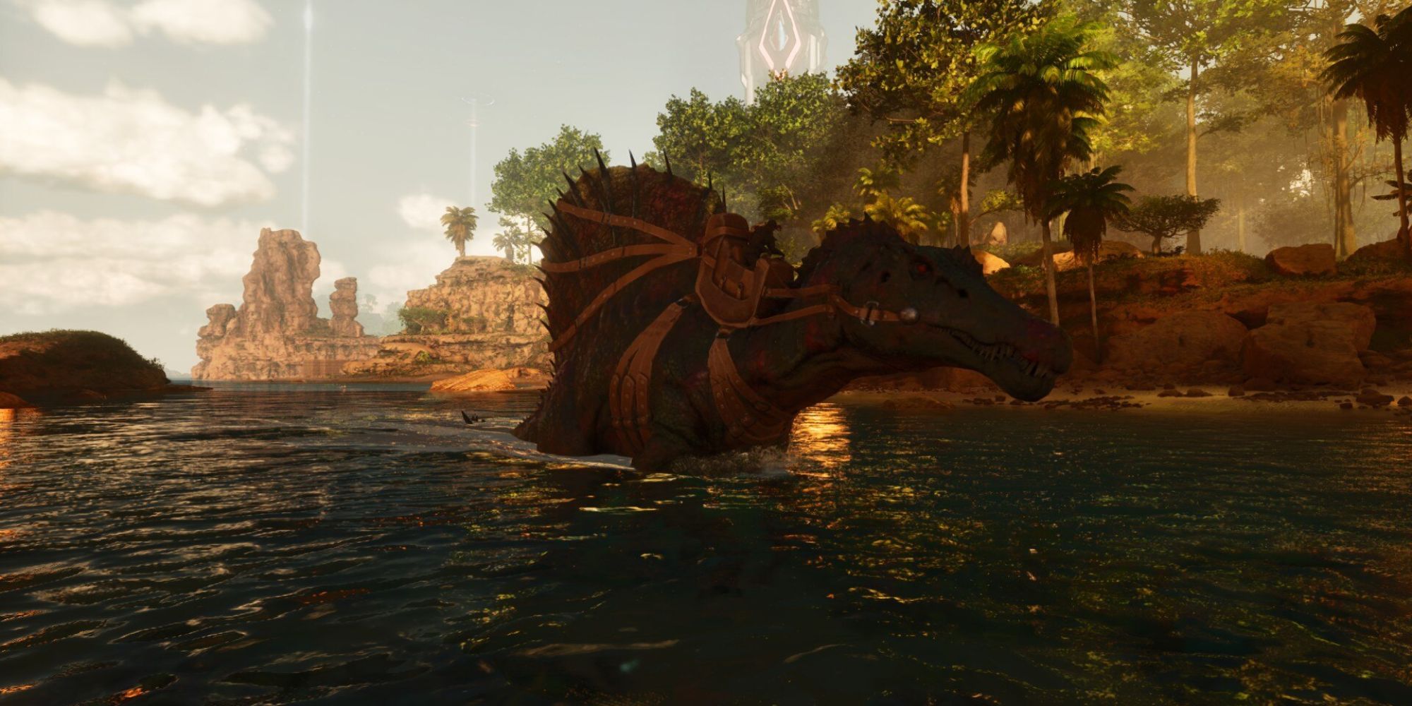 A large, tamed dinosaur with spikes and dark skin wading through a reflective body of dark water.