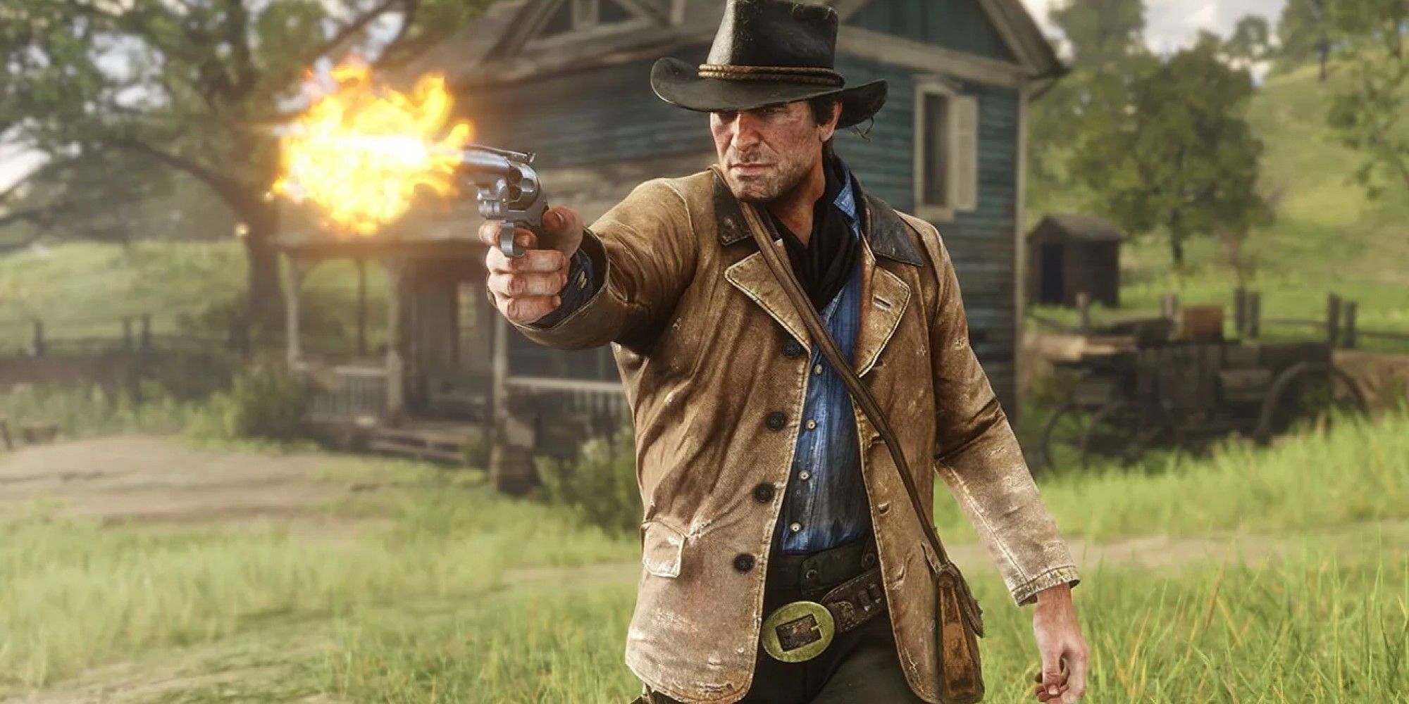 Arthur shooting his gun in Red Dead Redemption 2