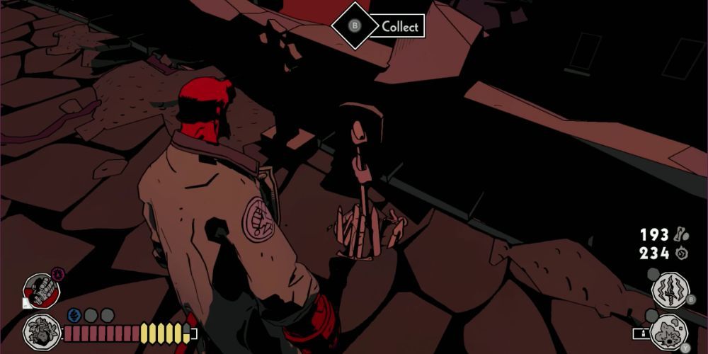 Hellboy From Game Looking At Artifact On Ground