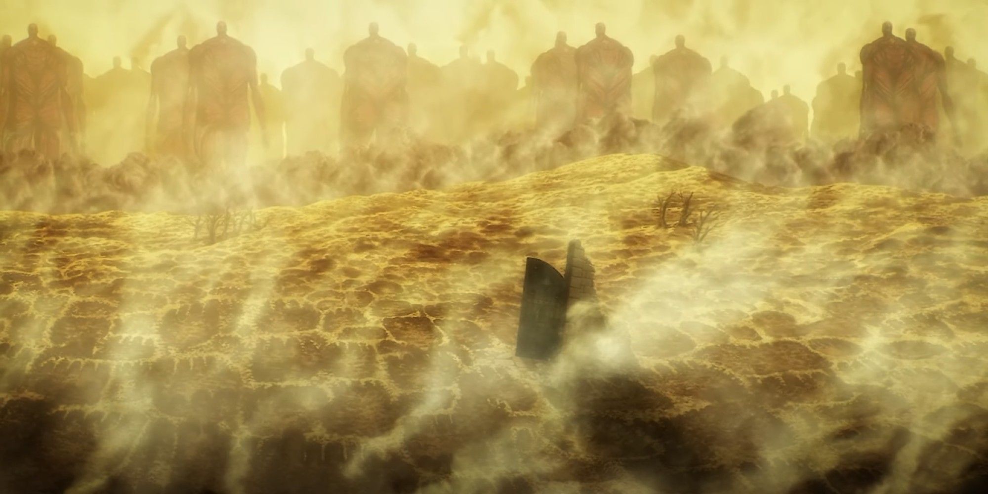 Attack on Titan image showing an army of colossal titans marching to the horizon, the rumbling