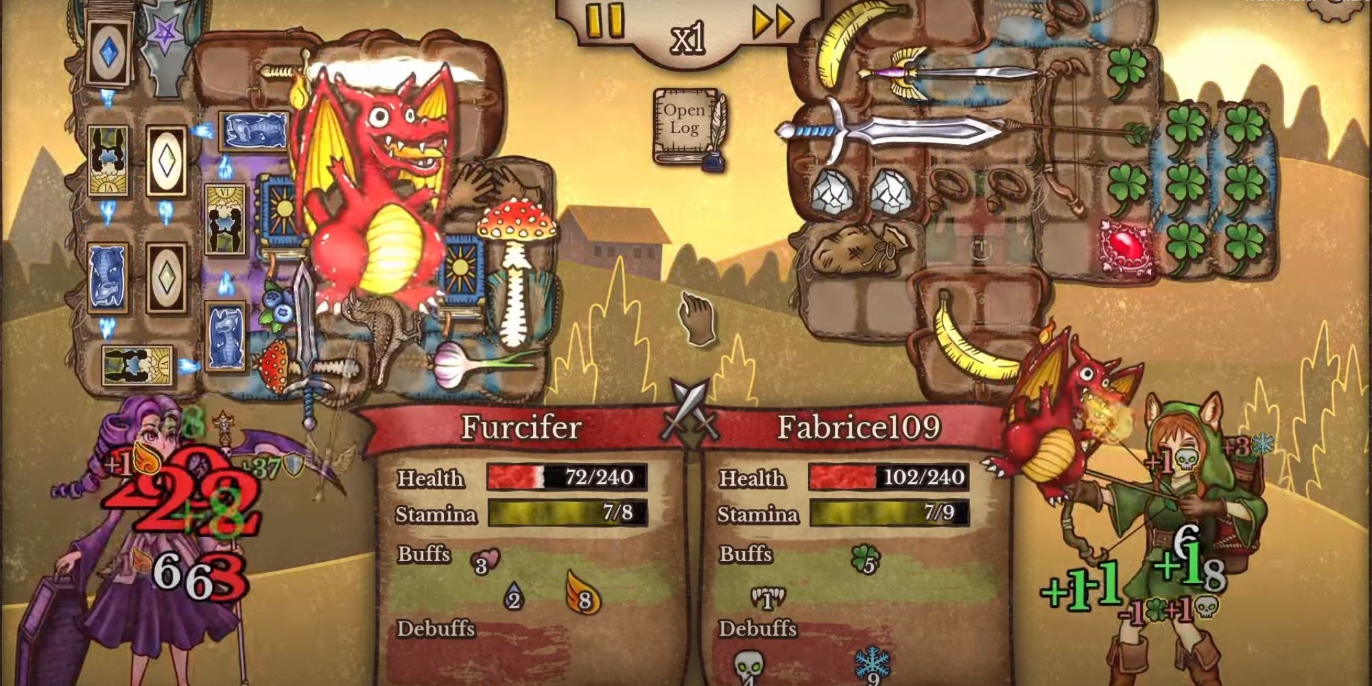A battle screen showing health and stamina bars, a backpack UI with various weapons, foods, and items, and two adversaries.