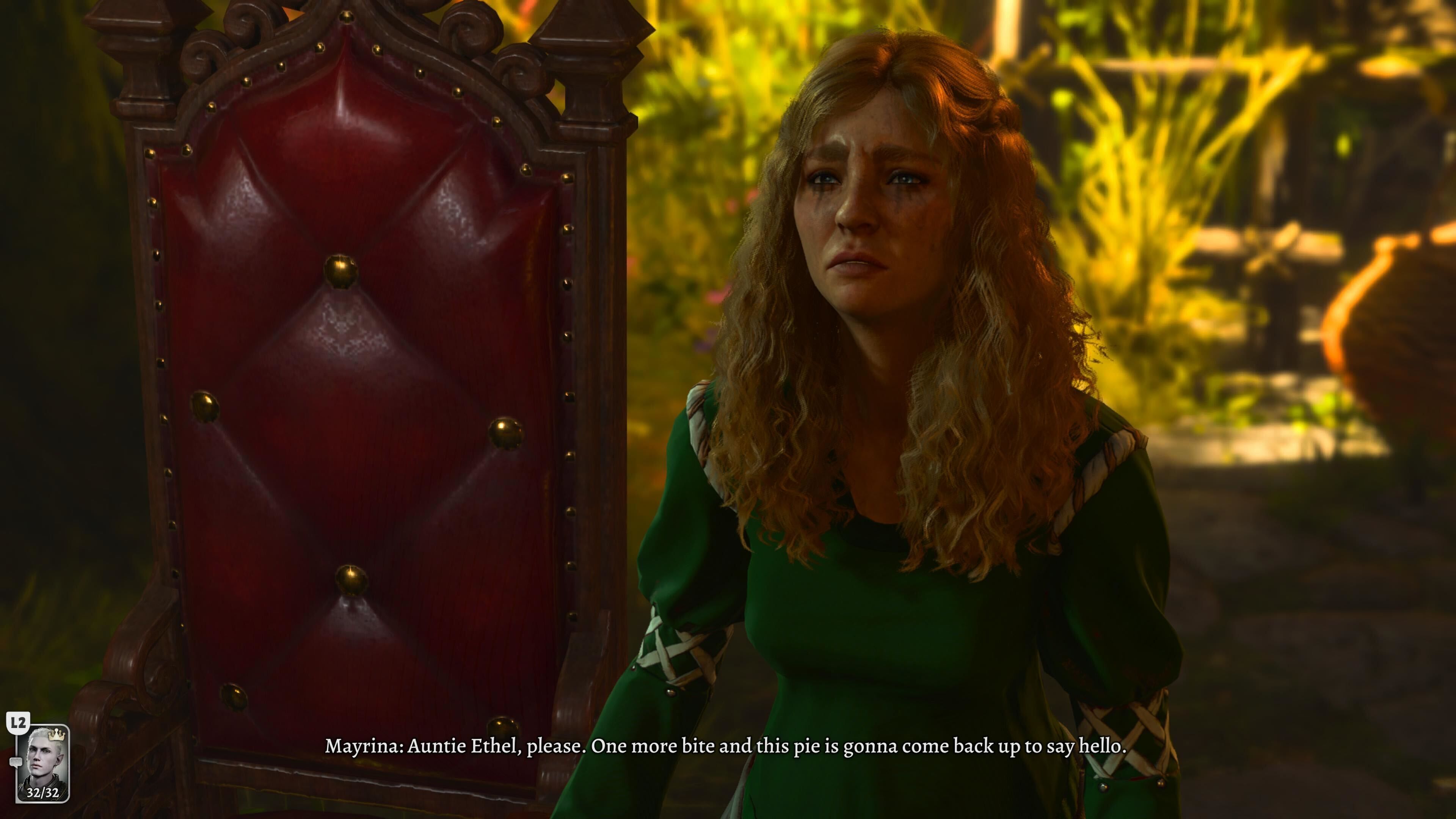 Mayrina standing in Auntie Ethel's teahouse looking distraught in Baldur's Gate 3.