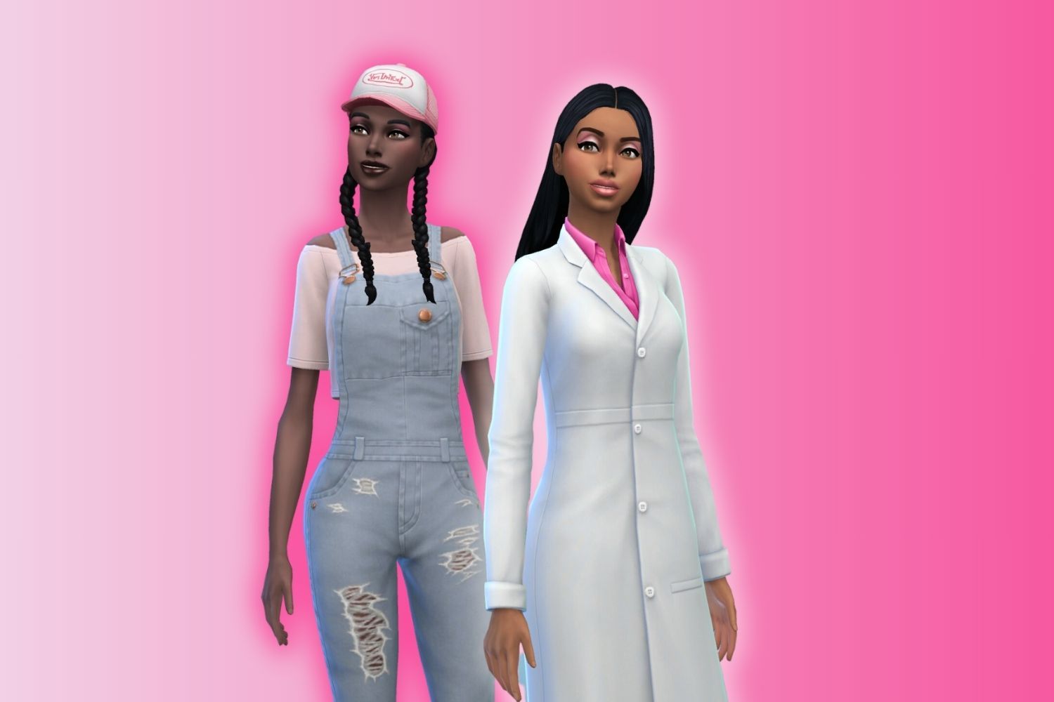 Two Sims stand against a pink ombre background. One Sim wears overalls and a trucker hat. The other Sim wears a lab coat with a pink undershirt.