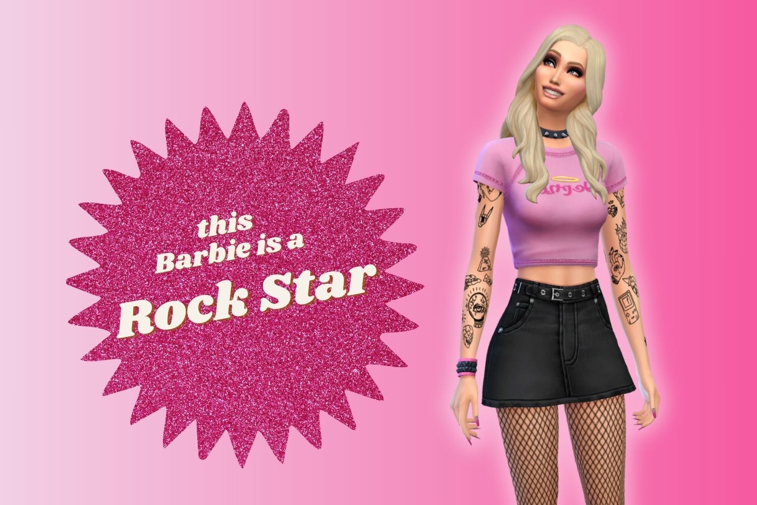 A Sim stands against a pink ombre background in a pink baby tee and black skirt with fishnets. The emblem next to her reads, "this Sim is a rock star".