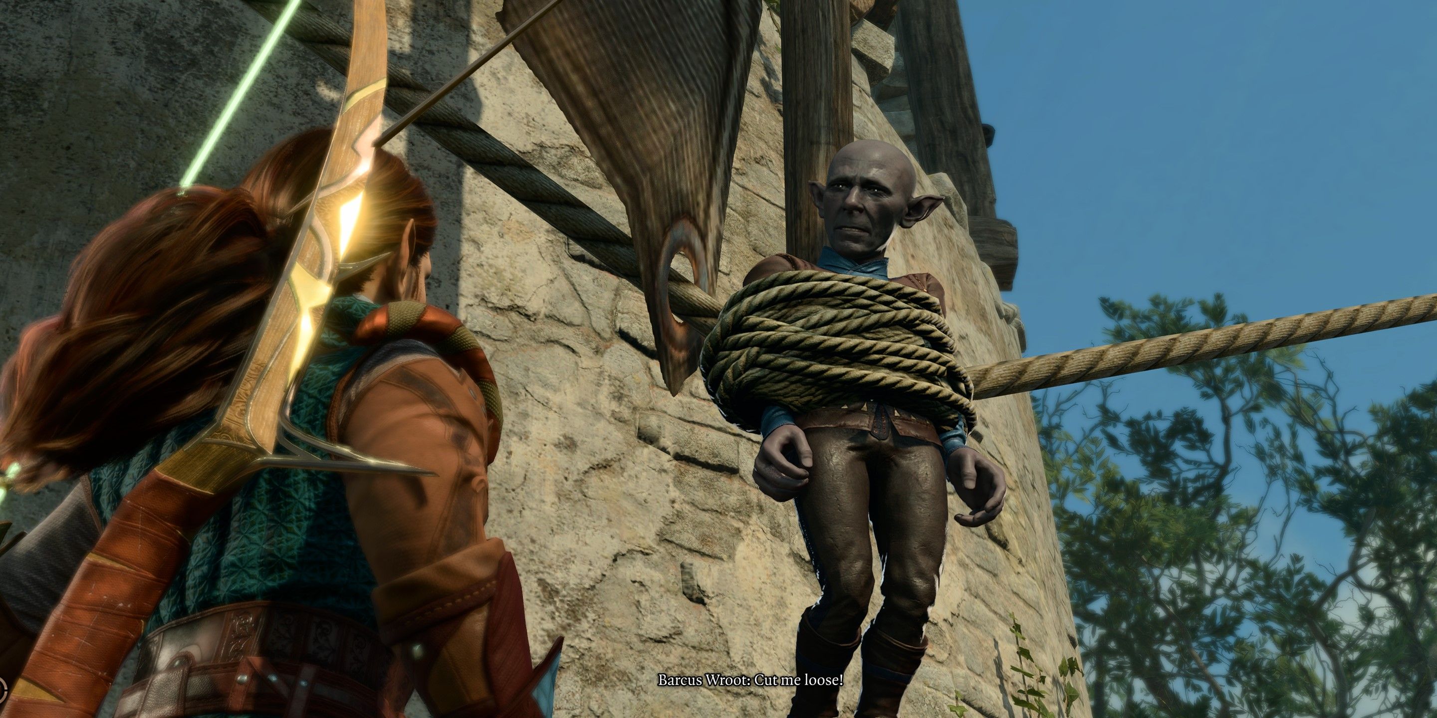 Baldur's Gate 3: an image of Barcus Root tied to the windmill
