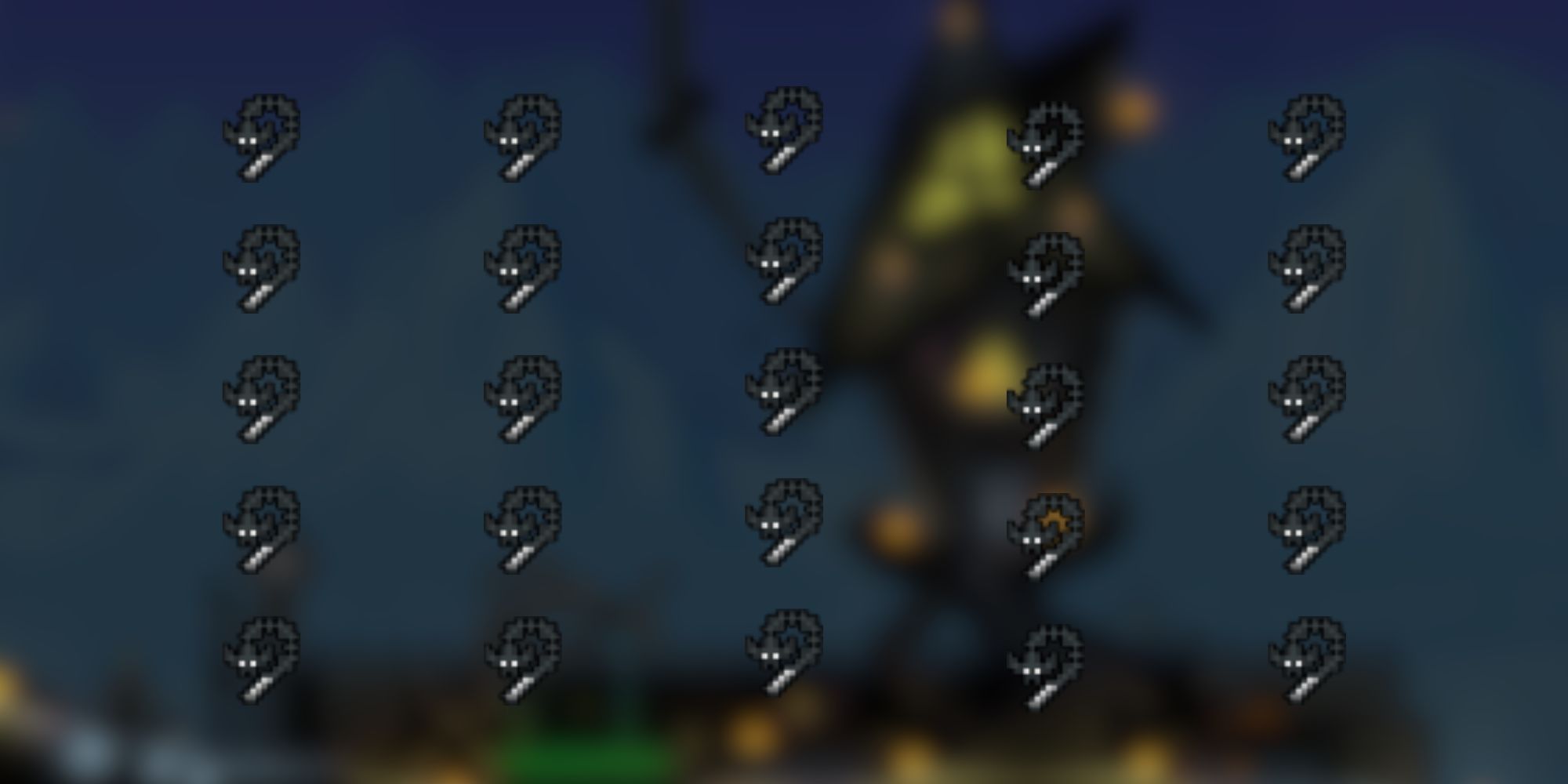 A grid of black Bat Hooks from Terraria.