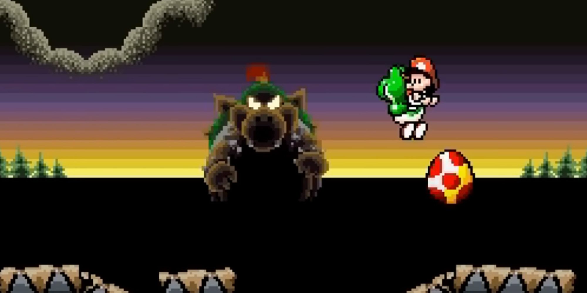 Super Mario World 2 Yoshi's Island - Yoshi and Baby Mario preparing to throw an egg at a giant Baby Bowser