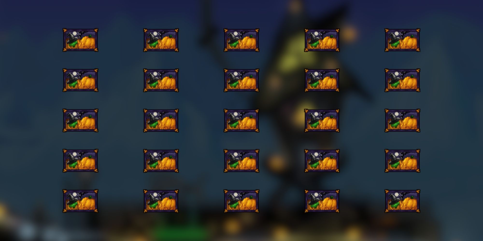 A grid of the mostly orange Bitter Harvest painting from Terraria.