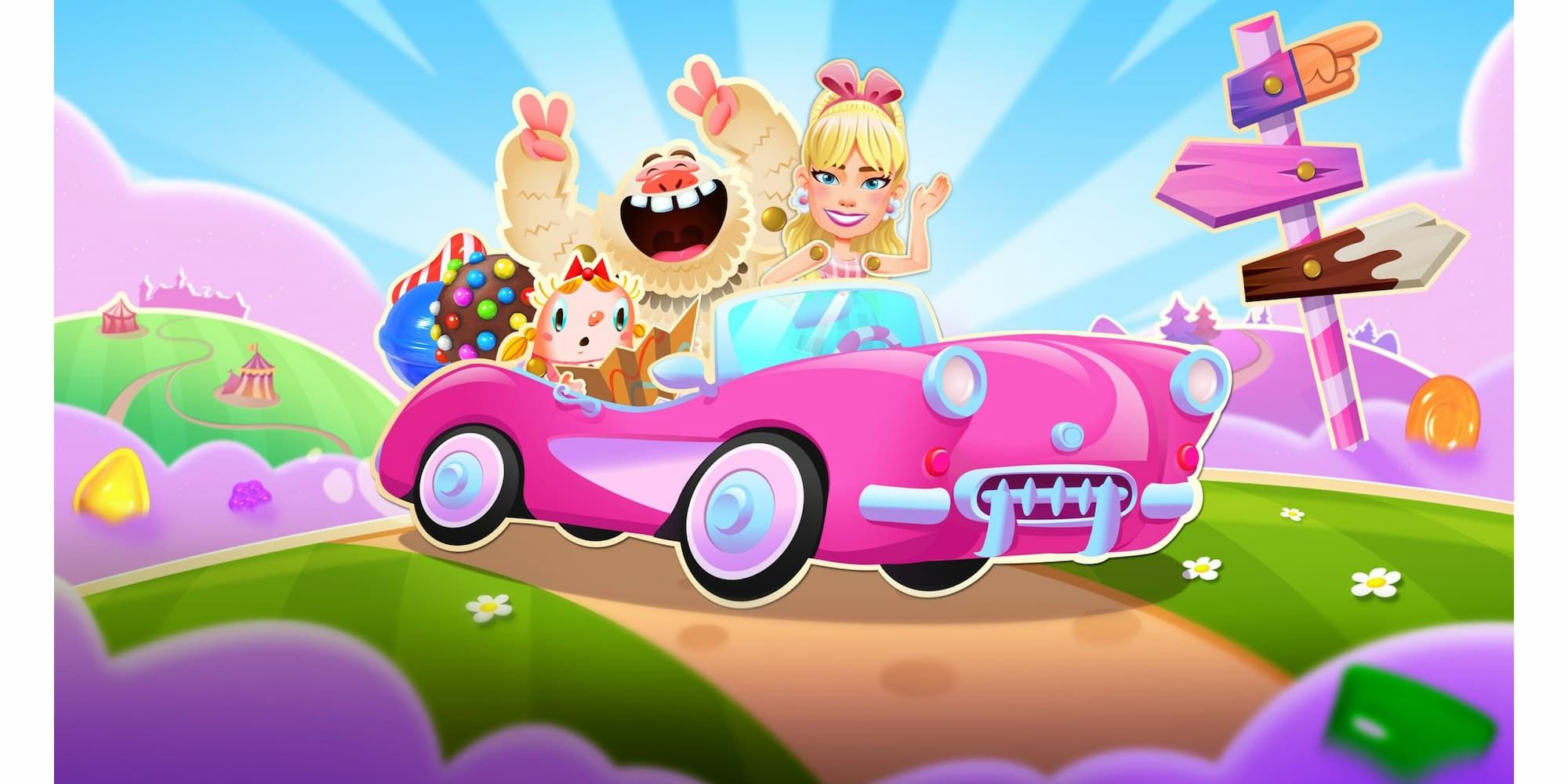 Barbie arrives in a pink car for a collaboration with Candy Crush Saga.