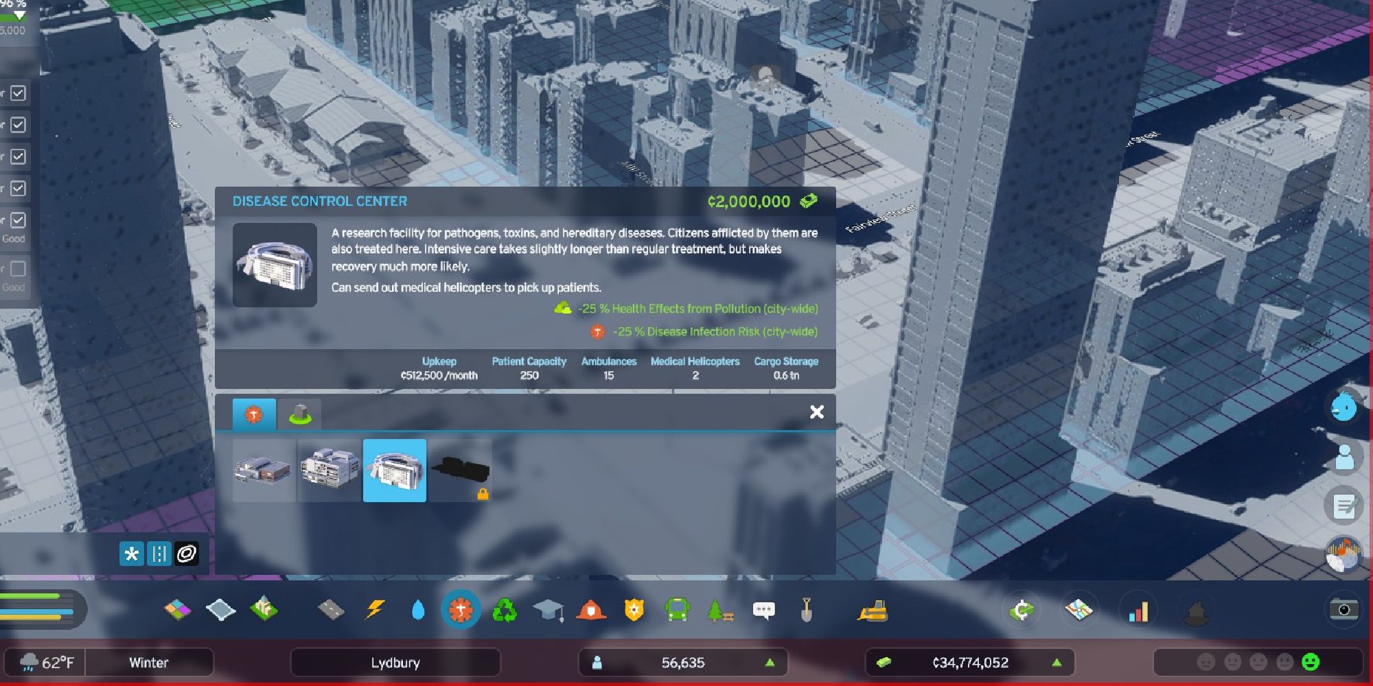 cities skylines 2 disease control center informational panel