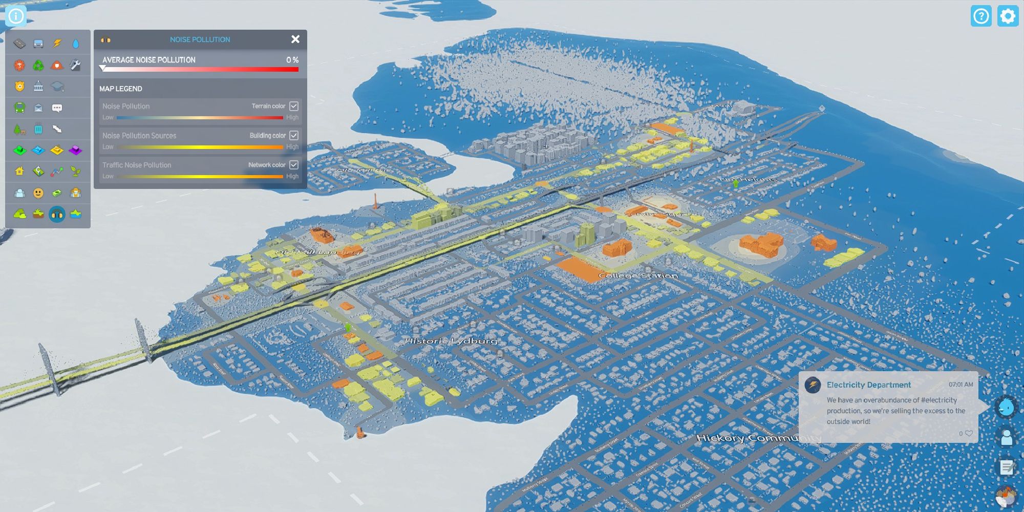 cities skylines 2 noise pollution overlay over city