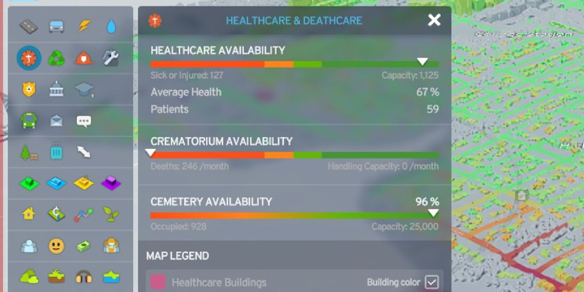 cities skylines 2 zoomed in view of healthcare panel