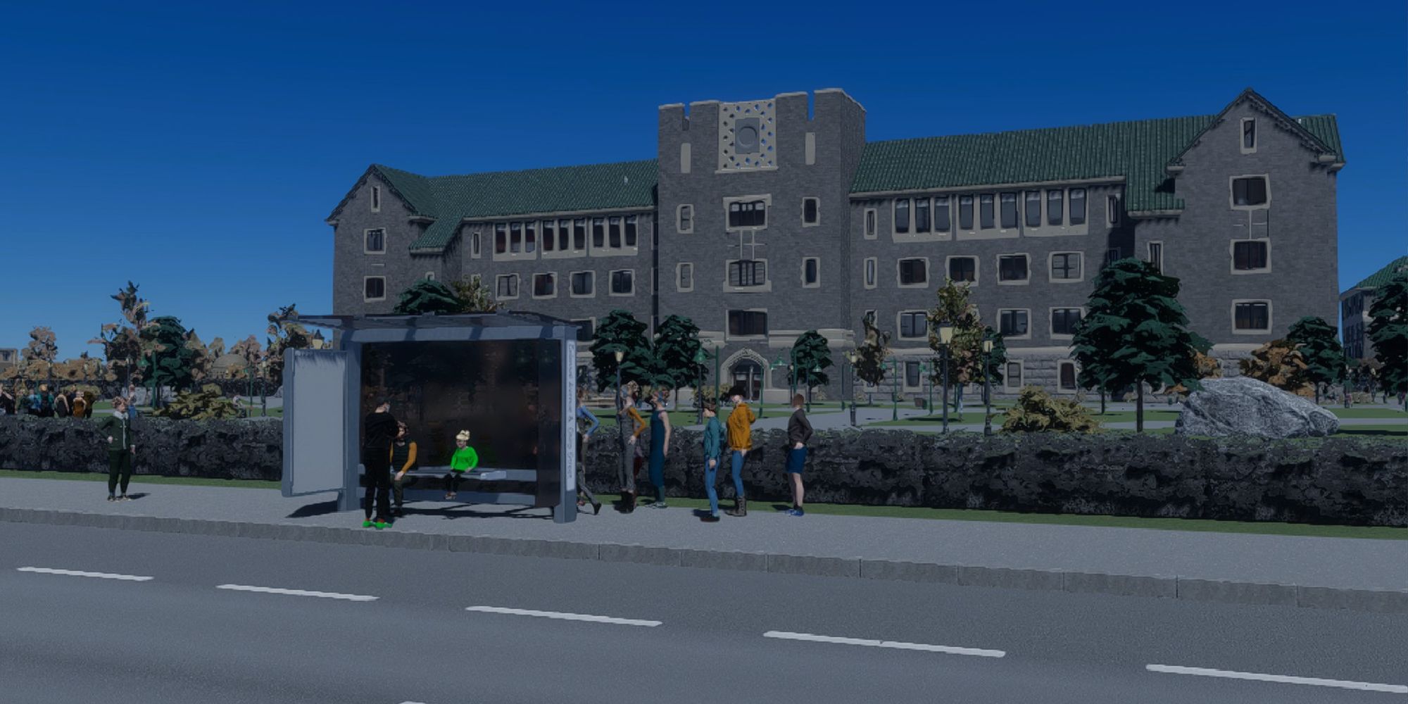 cities skylines people at bus stop in front of a university