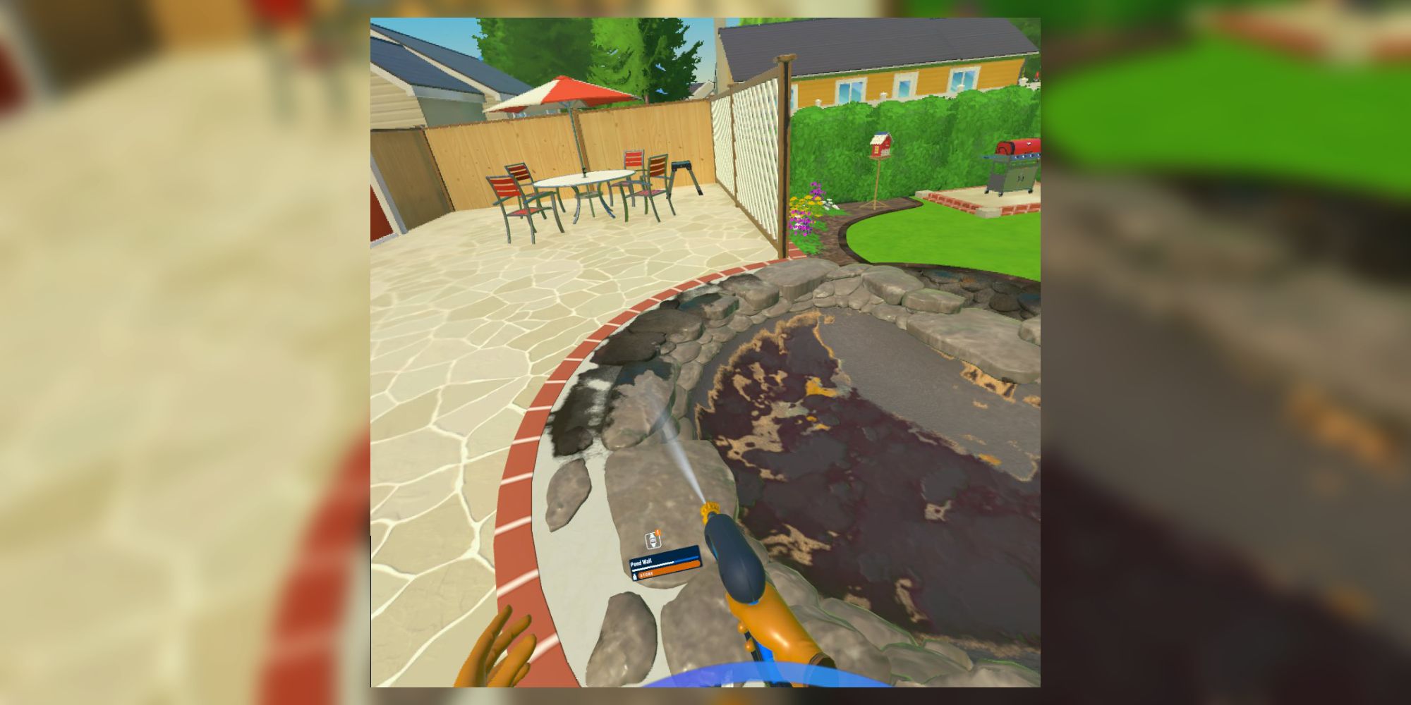 Cleaning a backyard water feature in PowerWash Simulator VR