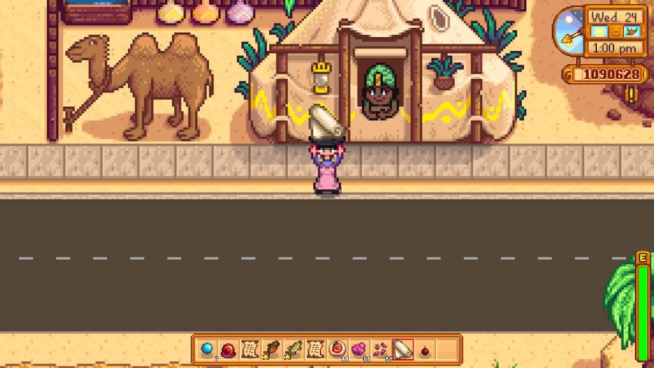 player holding cloth in front of the desert trader in Stardew Valley