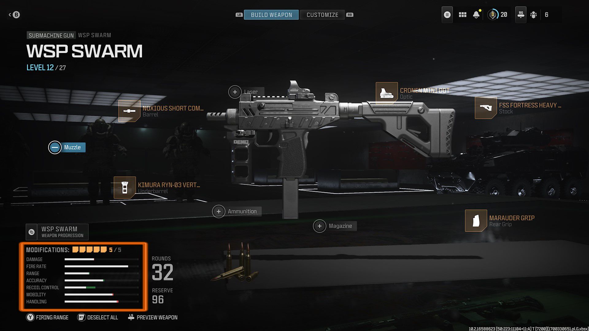 A WSP Swarm gunsmith view with an orange box around the modifications stats.