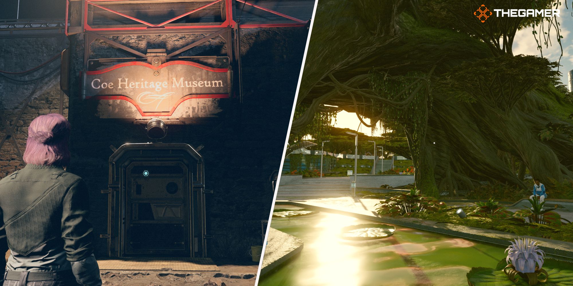 Starfield: Left: standing outside the Coe Heritage Museum on Akila, Right: The large tree in New Atlantis outside MAST