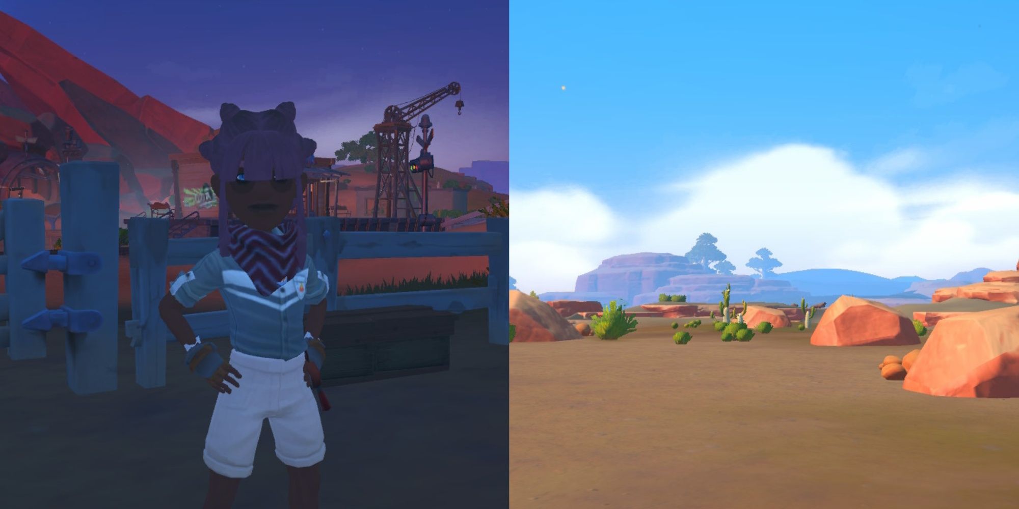 Split image featuring a player character posing at their farm and a shot of Sandrock's desert during the day in My Time At Sandrock.